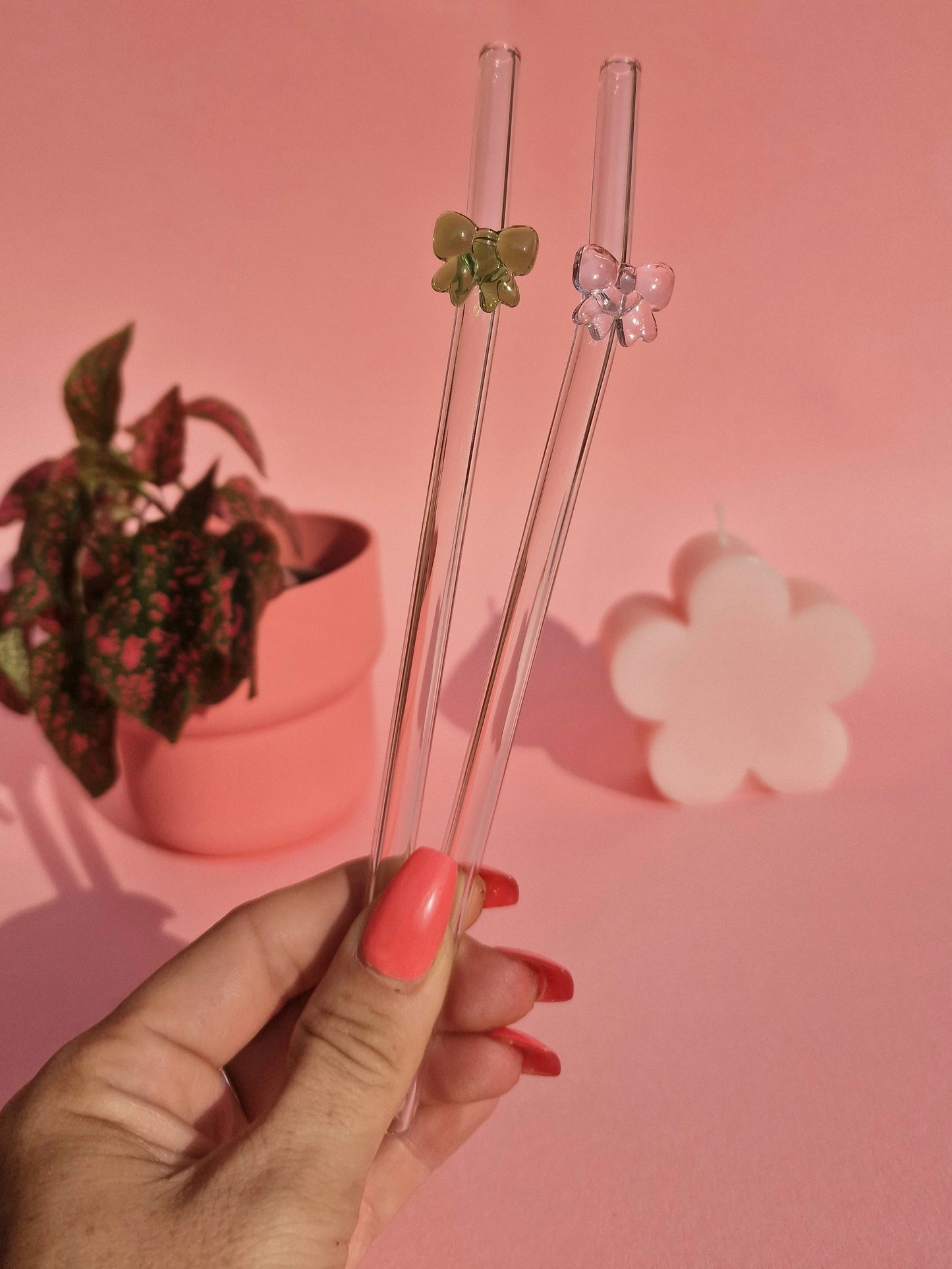 Pink & Green Glass Bow Coquette Aesthetic Pastel Glass Straws