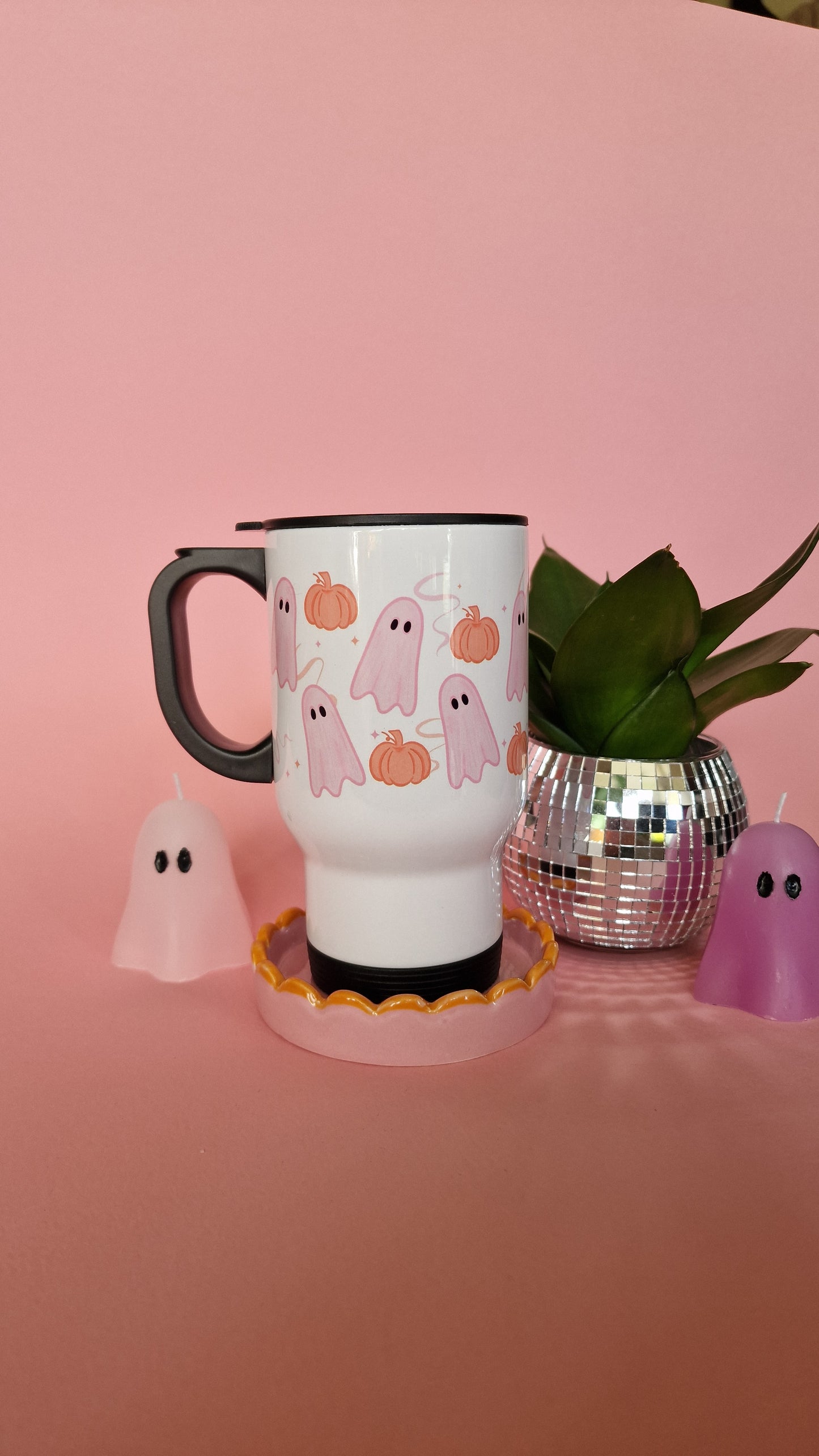 Pink Ghosties & Pumpkins Travel Mug