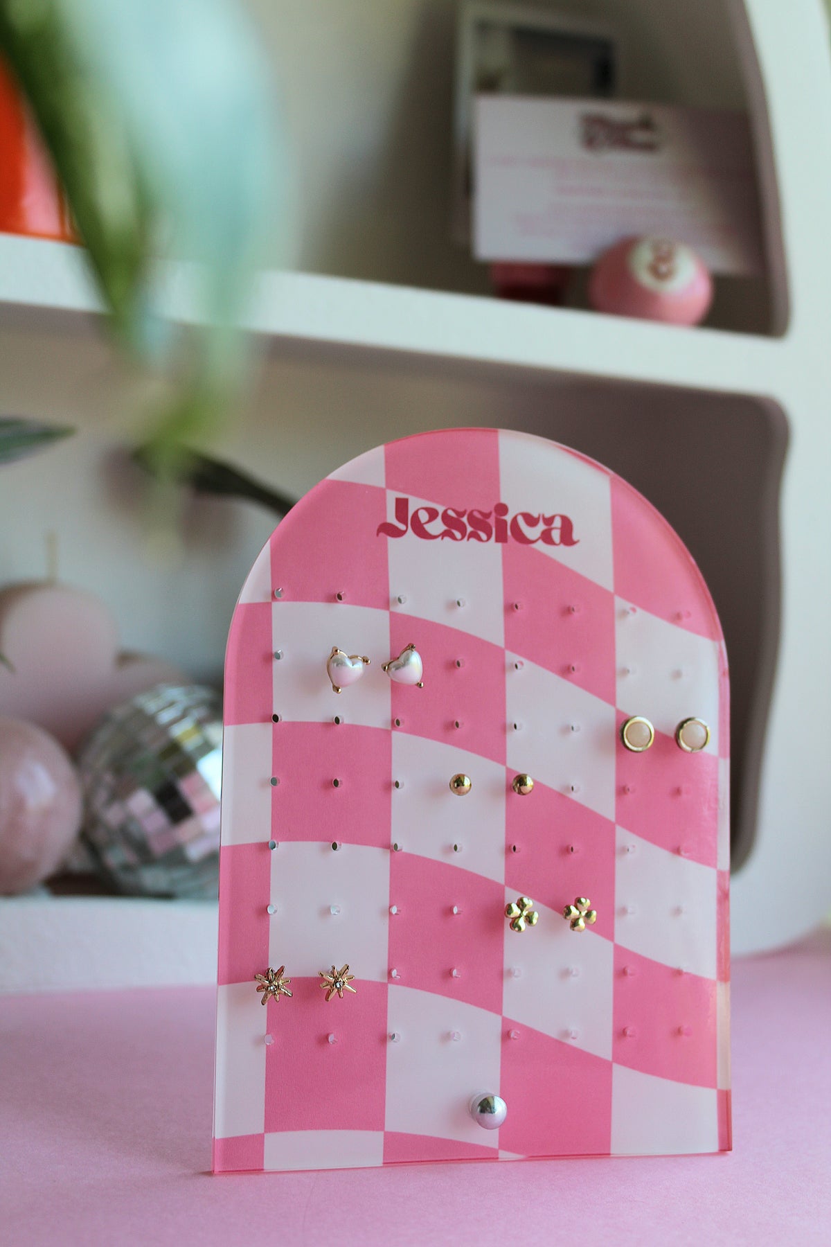 Earring Display Stand | Pink Check Personalised Stand | Holds 32 Pairs of Earrings | Stud Earring Jewelery Holder