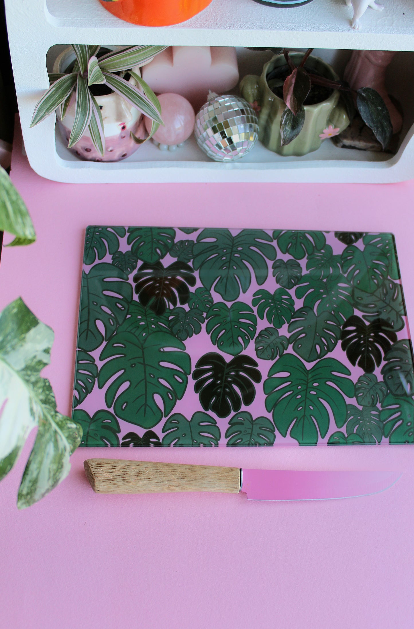 Monstera Plant Pink Glass Chopping Board