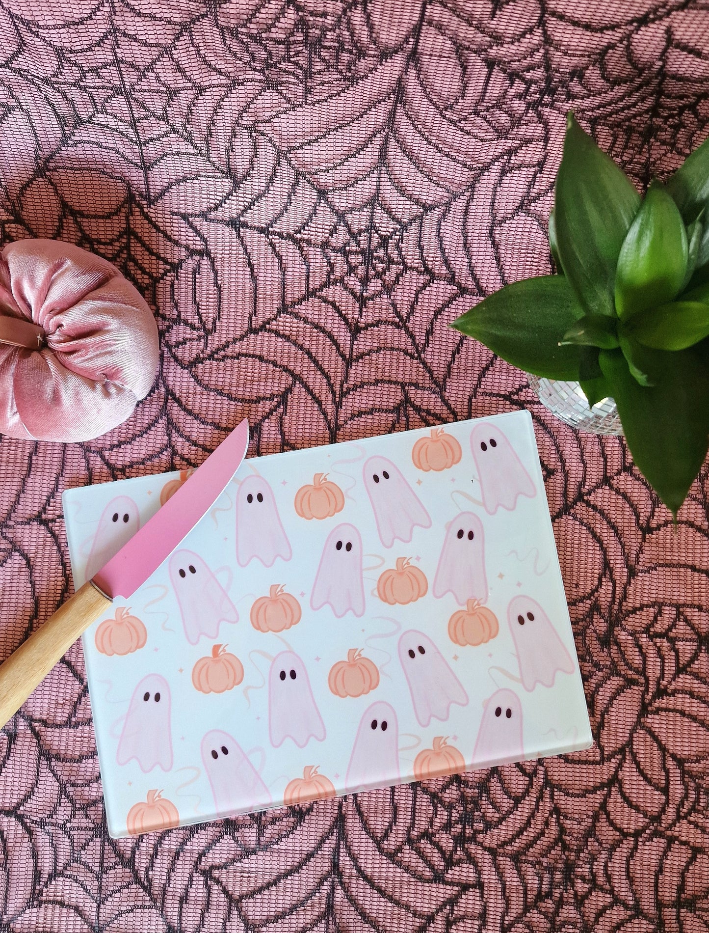 Pink Ghosties & Pumpkin Glass Chopping Board