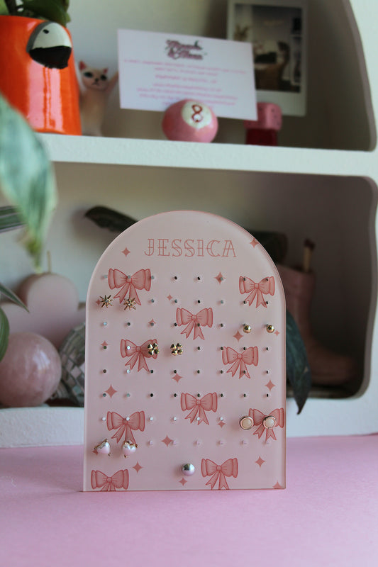 Personalised Earring Display Stand | Pink Bows | Holds 32 Pairs of Earrings | Stud Earring Jewelery Holder
