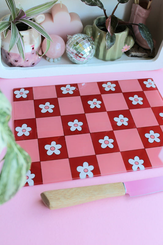Pink & Red Flowers Glass Chopping Board