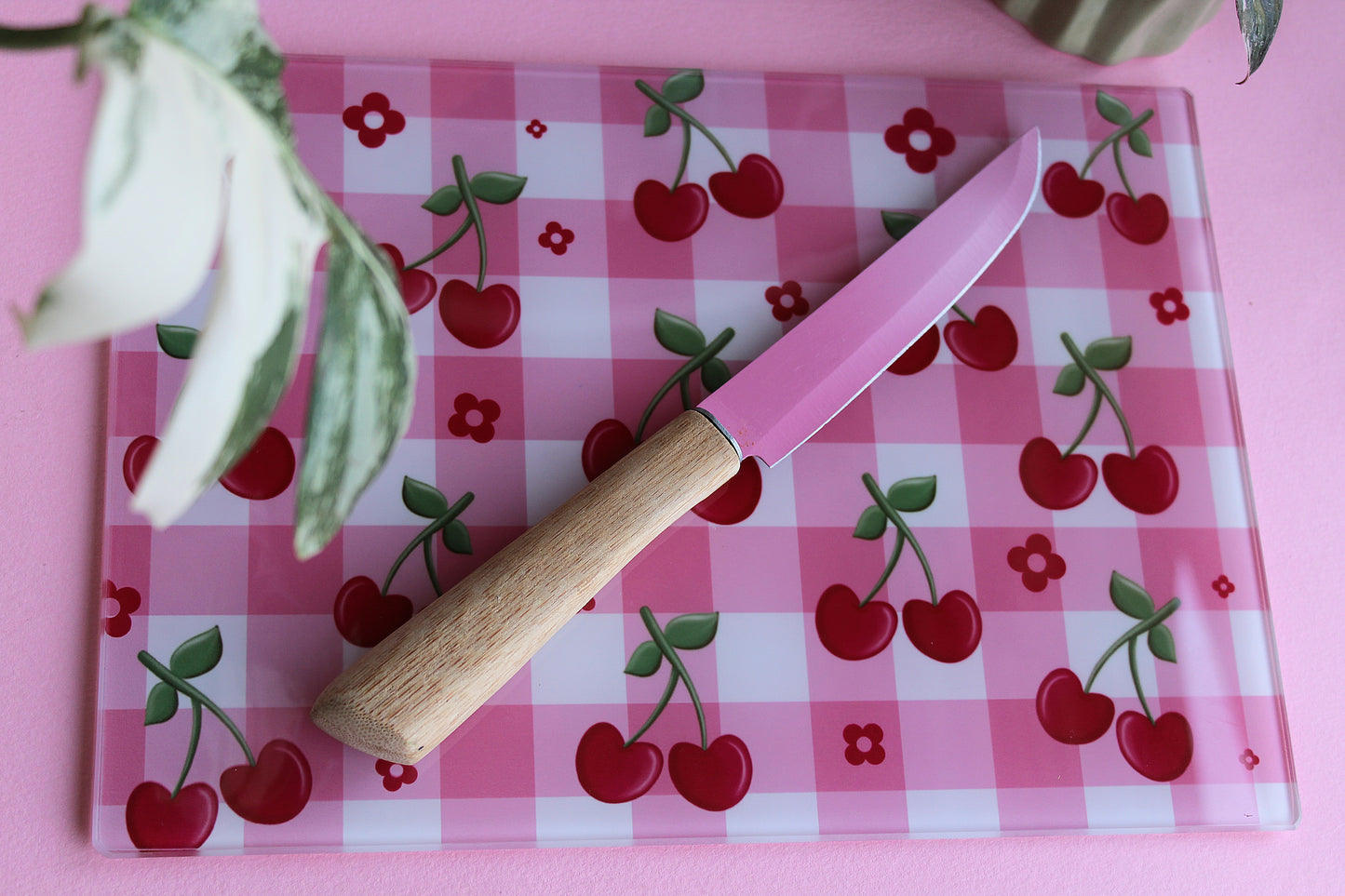 Cherry Gingham Coquette Style Glass Chopping board