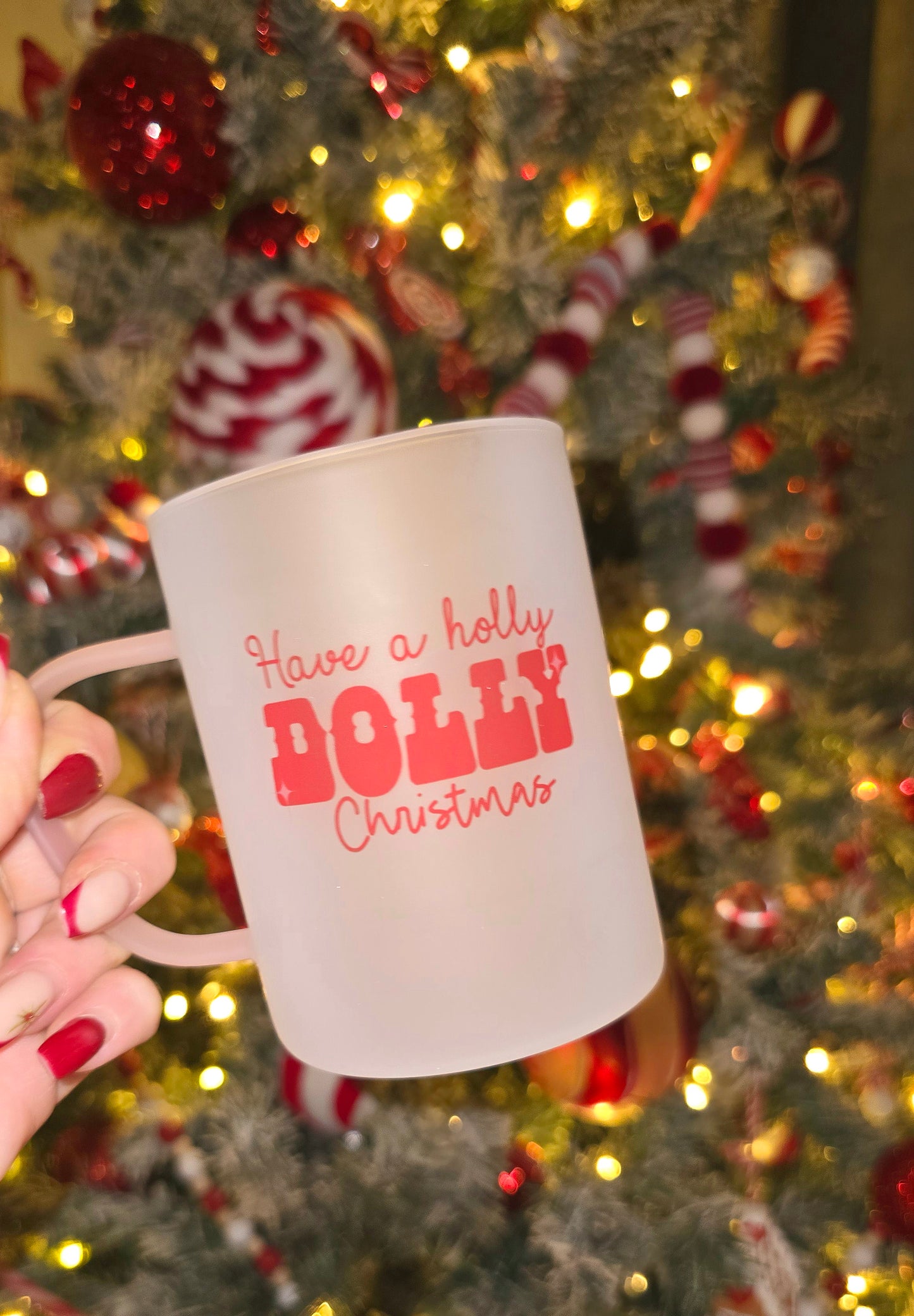 Holly Dolly Christmas Mug | Pink Handled Frosted Glass Mug