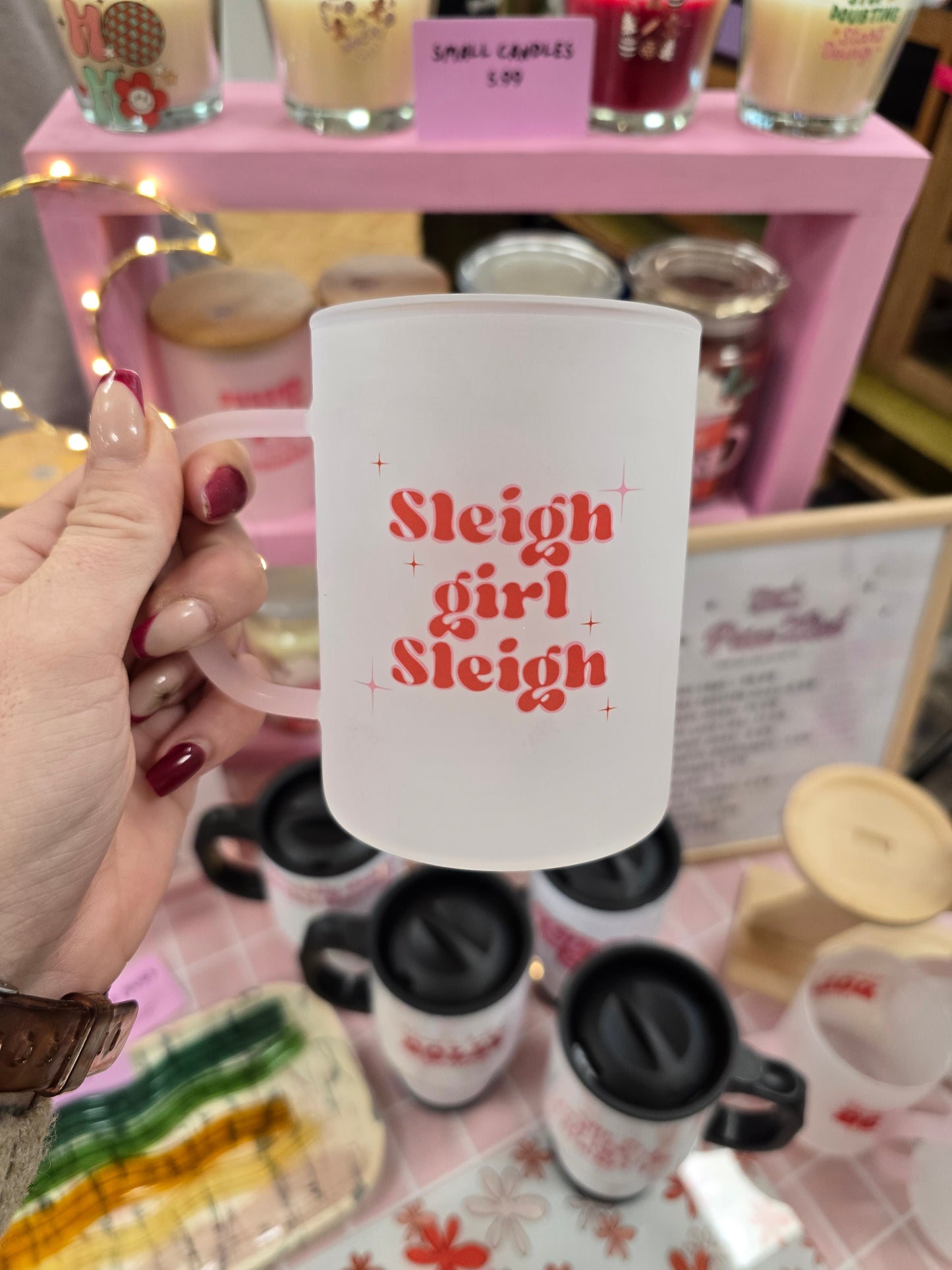 Sleigh Girl Sleigh Christmas Mug| Pink Handled Frosted Glass Mug