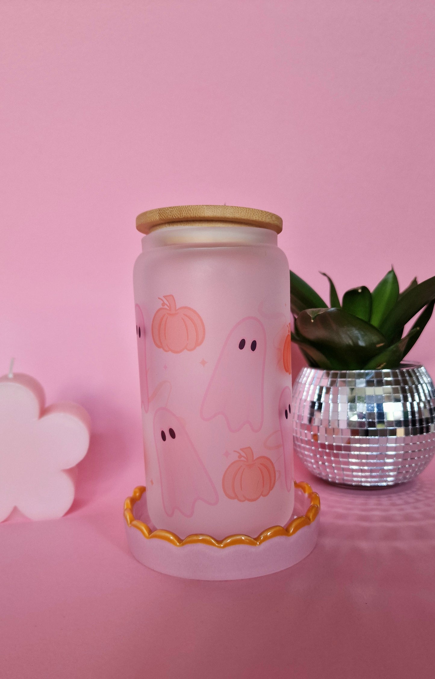 Ghost & Pumpkin Pink Halloween Glass Tumbler