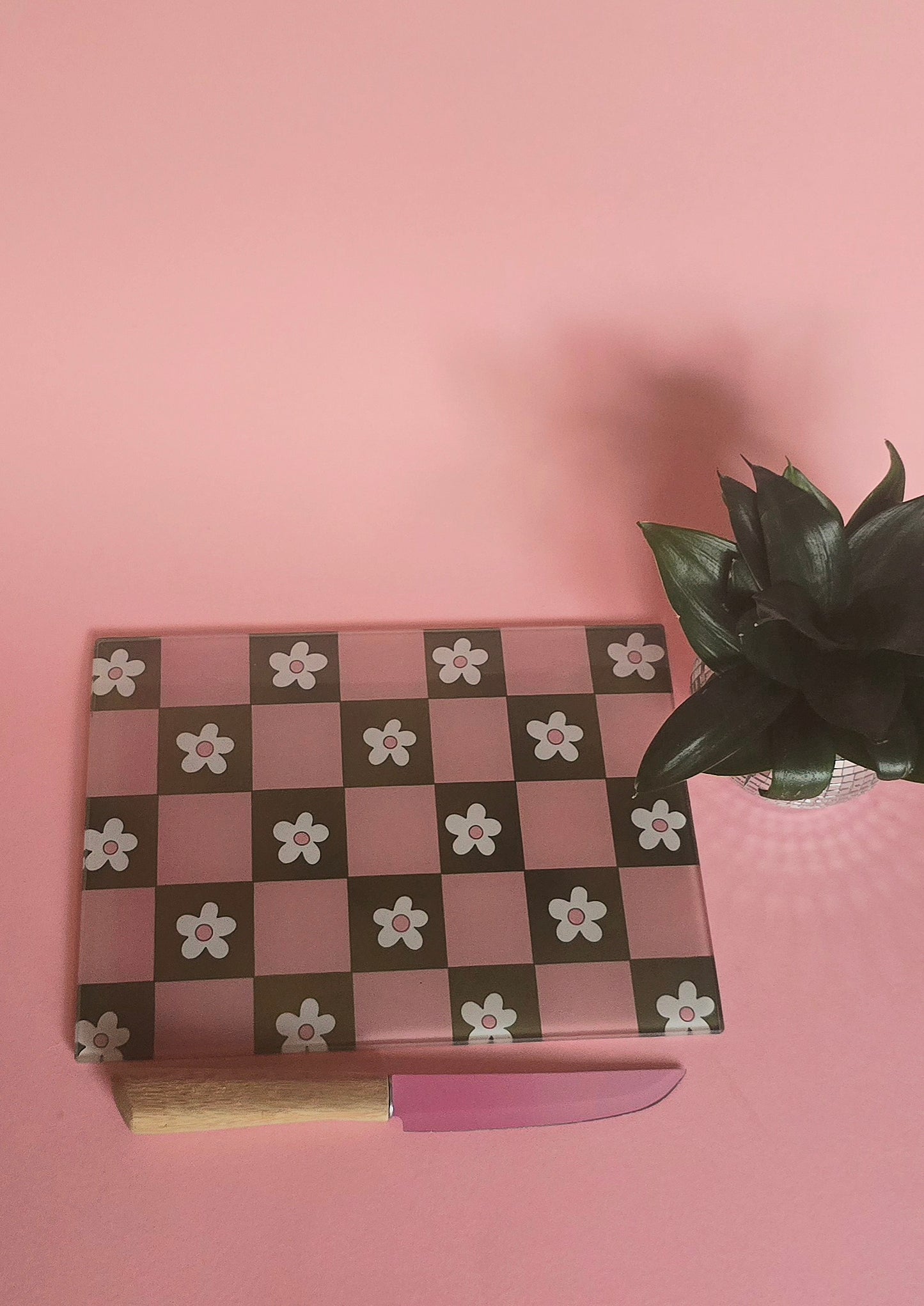 Pink & Green Flowers Glass Chopping Board