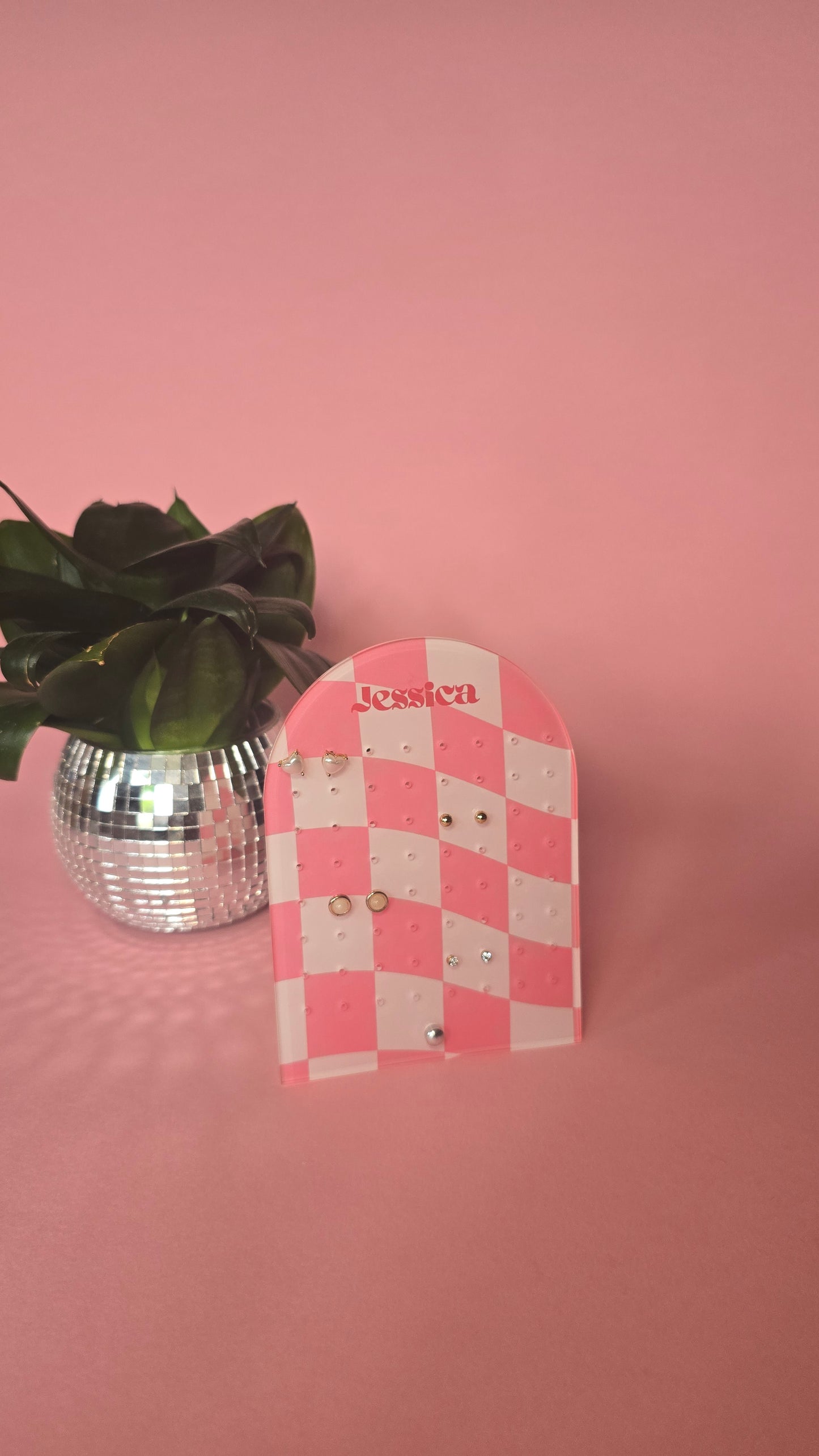 Earring Display Stand | Pink Check Personalised Stand | Holds 32 Pairs of Earrings | Stud Earring Jewelery Holder
