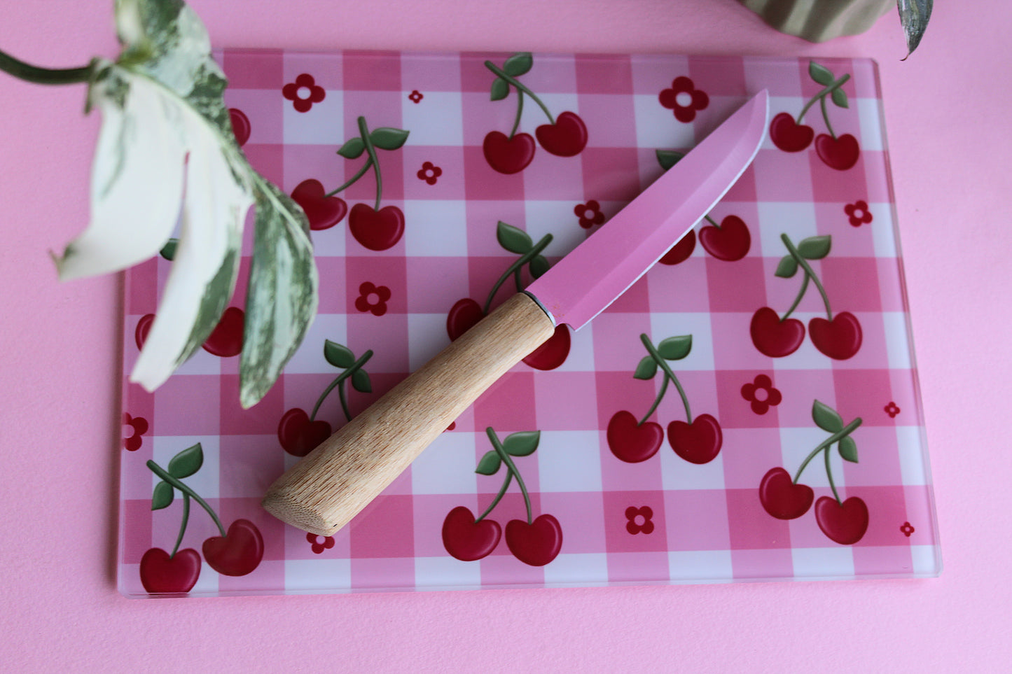 Cherry Gingham Coquette Style Glass Chopping board