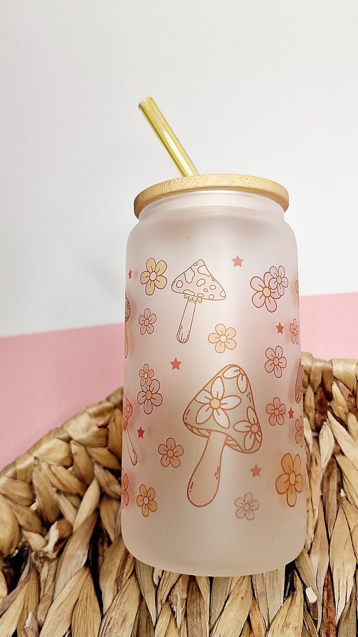 Mushroom & Flowers | 16oz Glass Can Tumbler