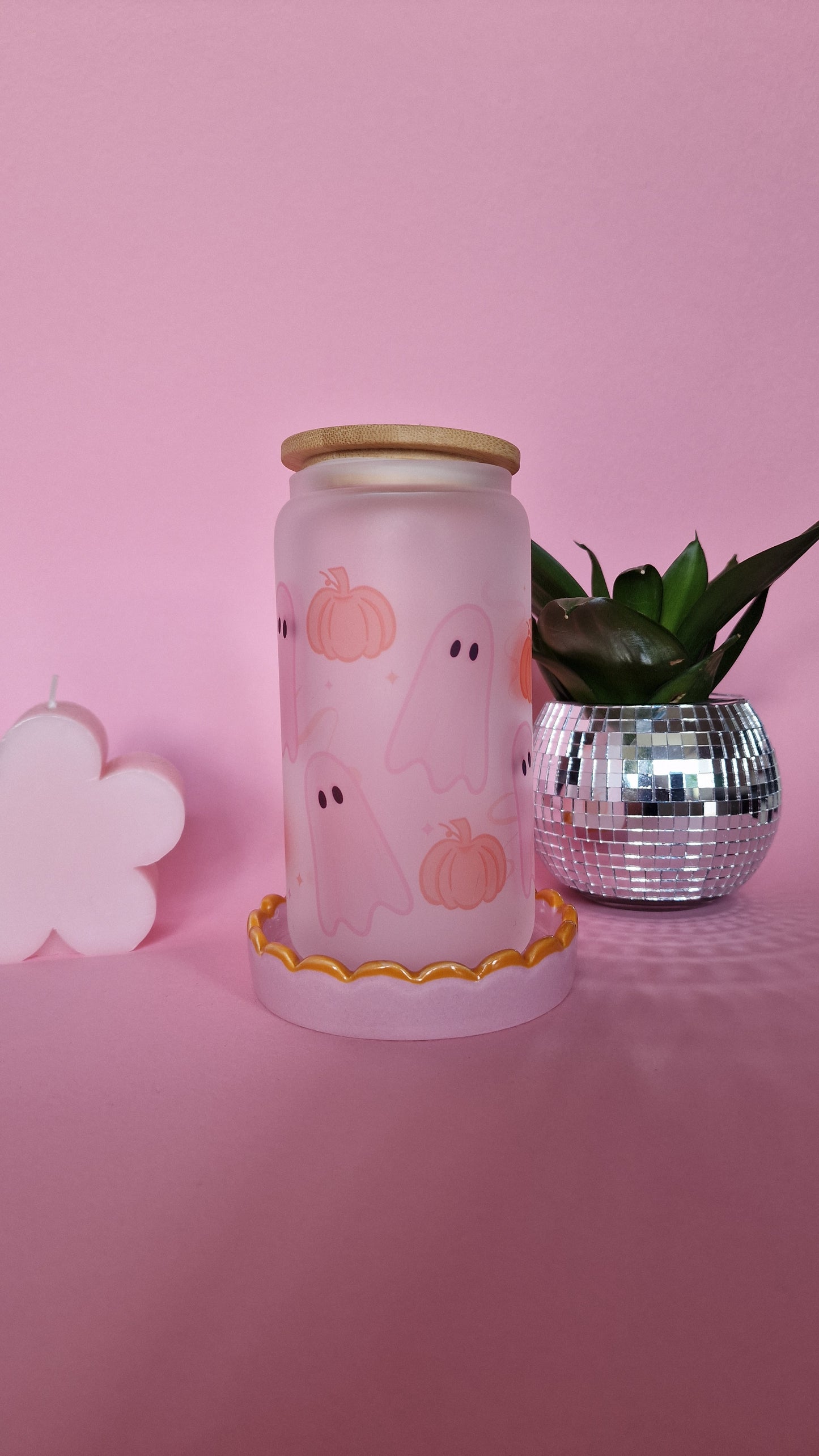 Ghost & Pumpkin Pink Halloween Glass Tumbler