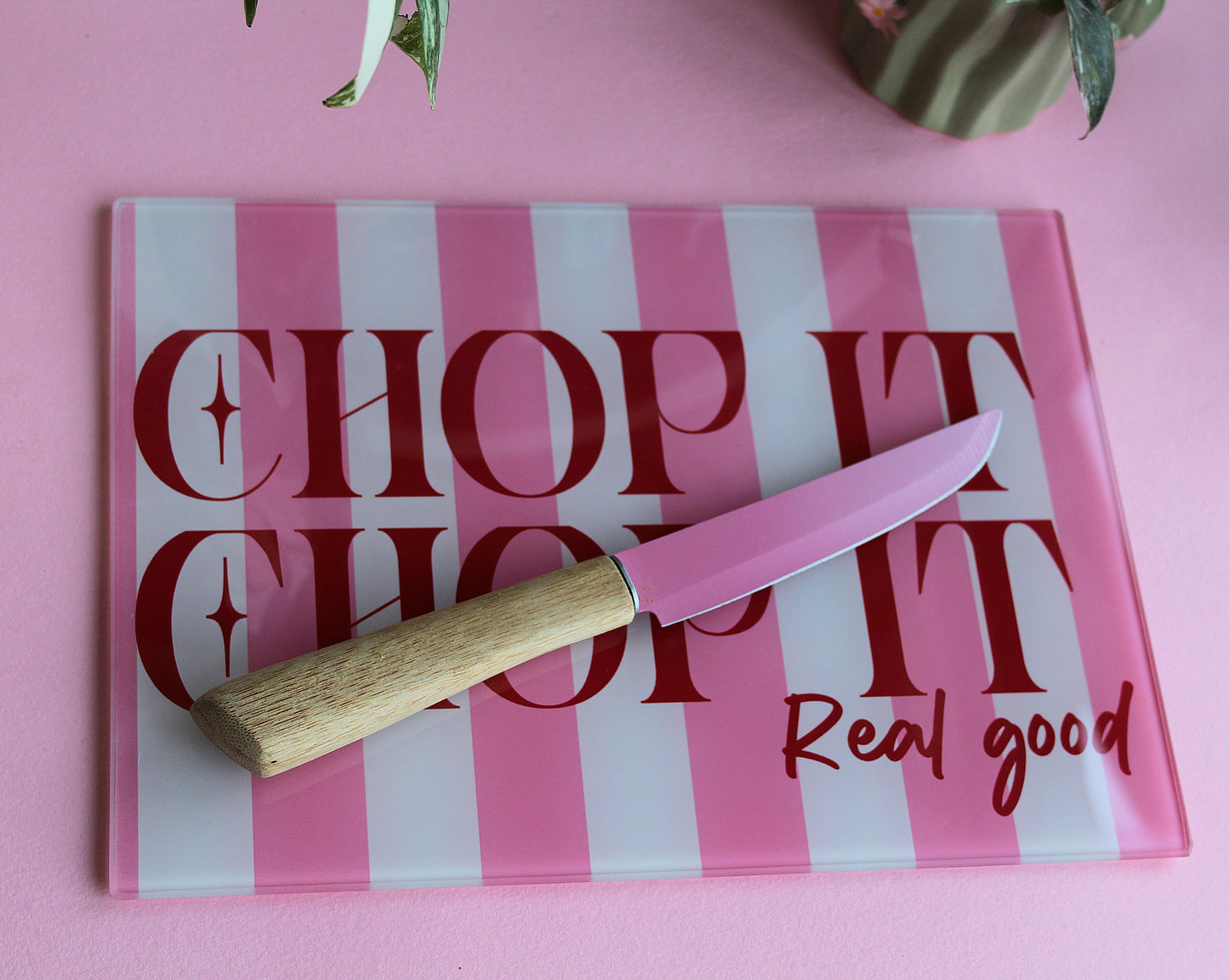 Chop It Real Good Pink Glass Chopping Board