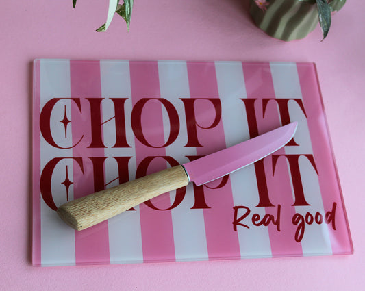 Chop It Real Good Pink Glass Chopping Board