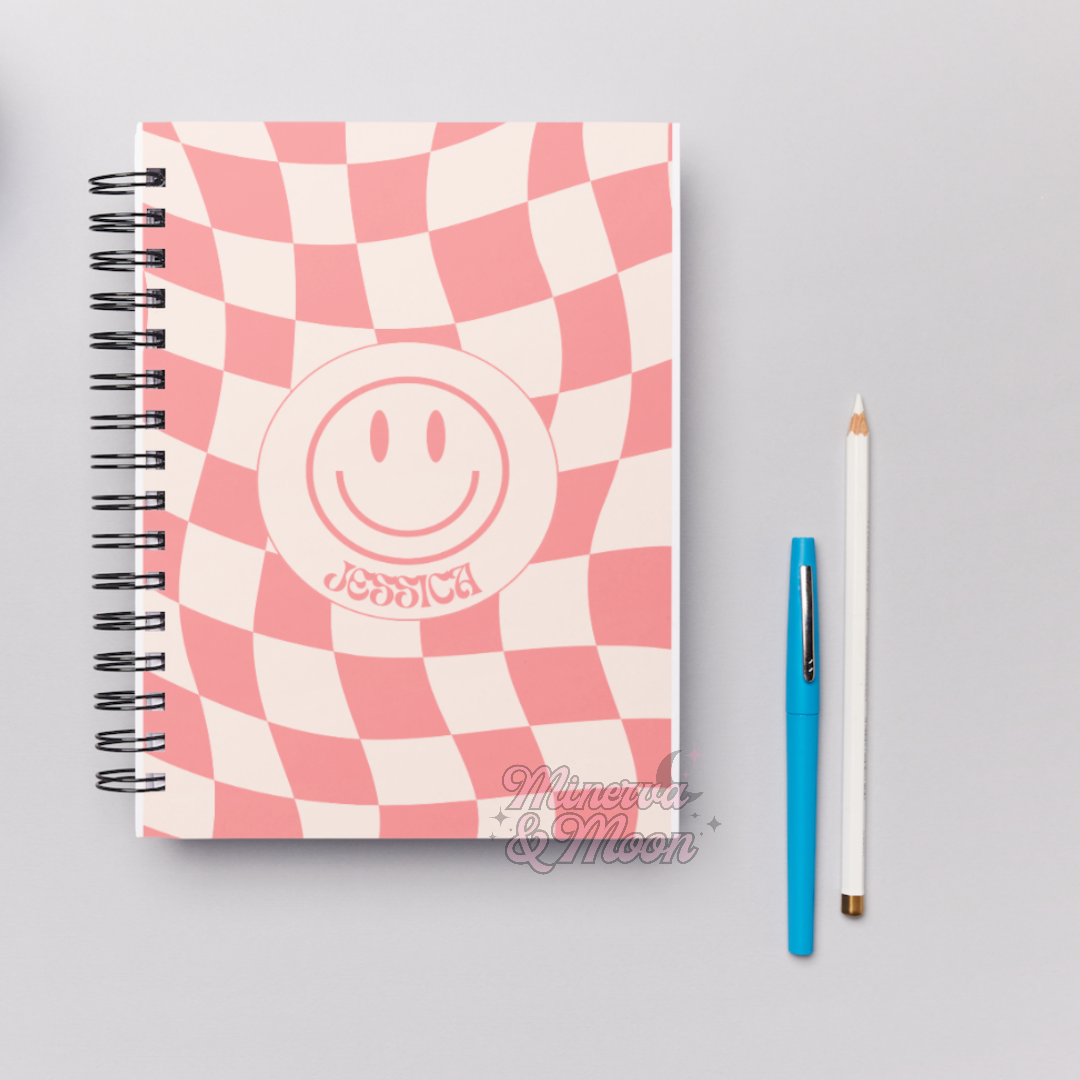 Pink Checkered Smiley | Cute Personalised Stationery