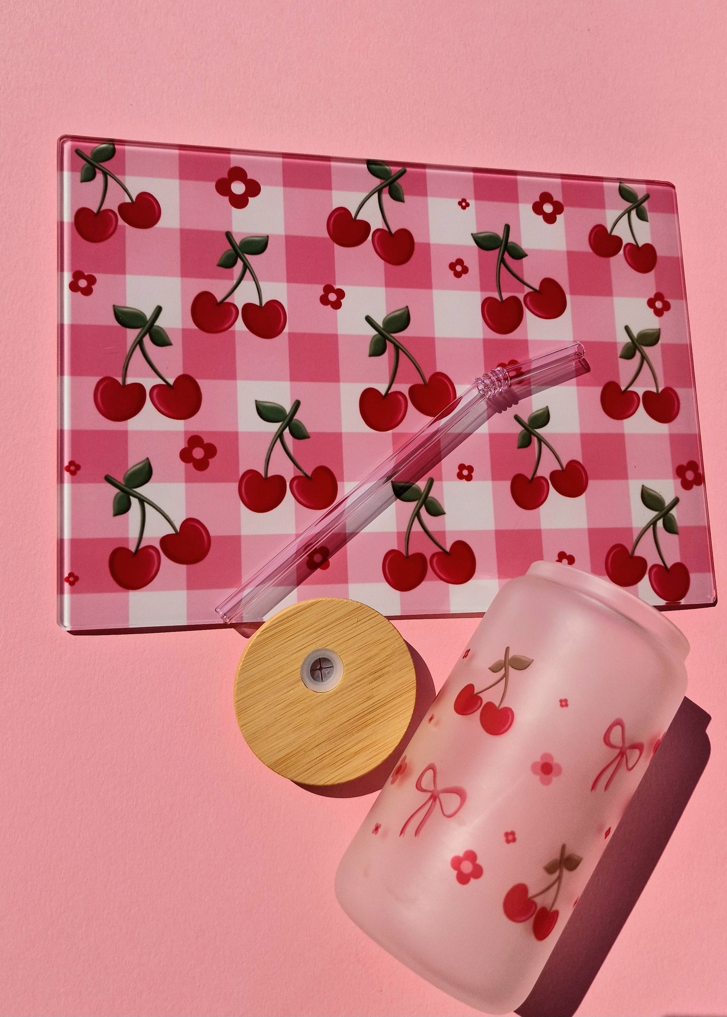 Cherry Gingham Coquette Style Glass Chopping board