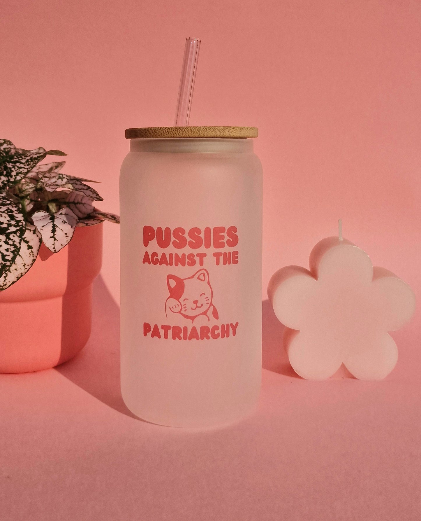 Pussies Against The Patriarchy Glass Tumbler Bamboo Lid & Straw