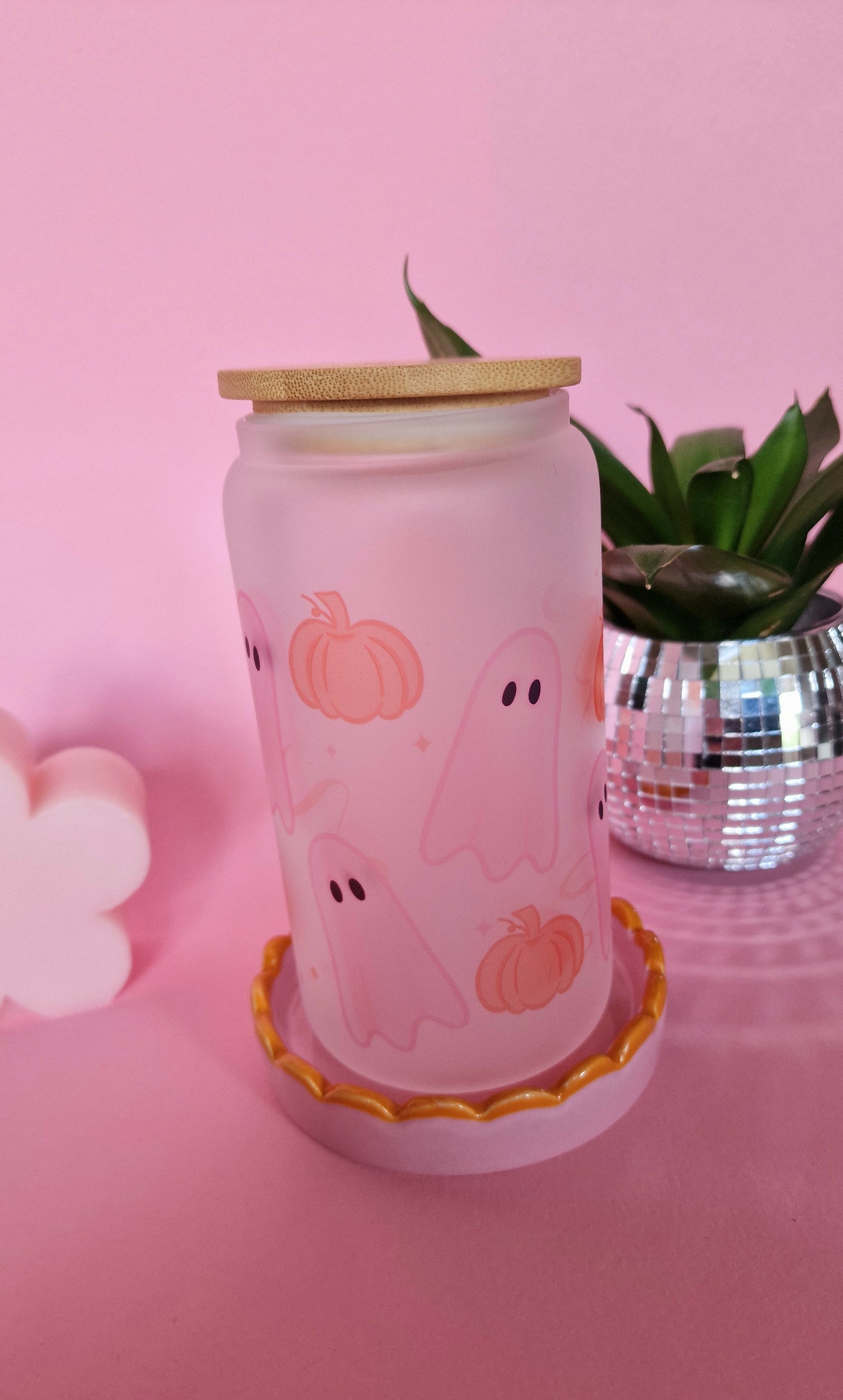 Ghost & Pumpkin Pink Halloween Glass Tumbler