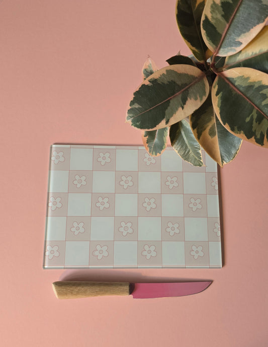 Pale Pink Flower Check Glass Chopping Board
