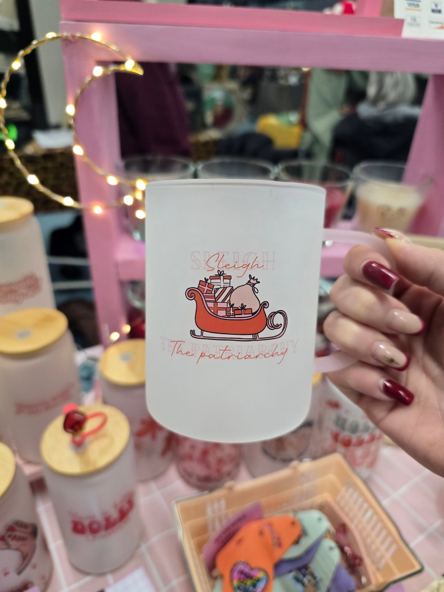 Sleigh The Patriarchy Christmas Mug | Pink Handled Frosted Glass Mug