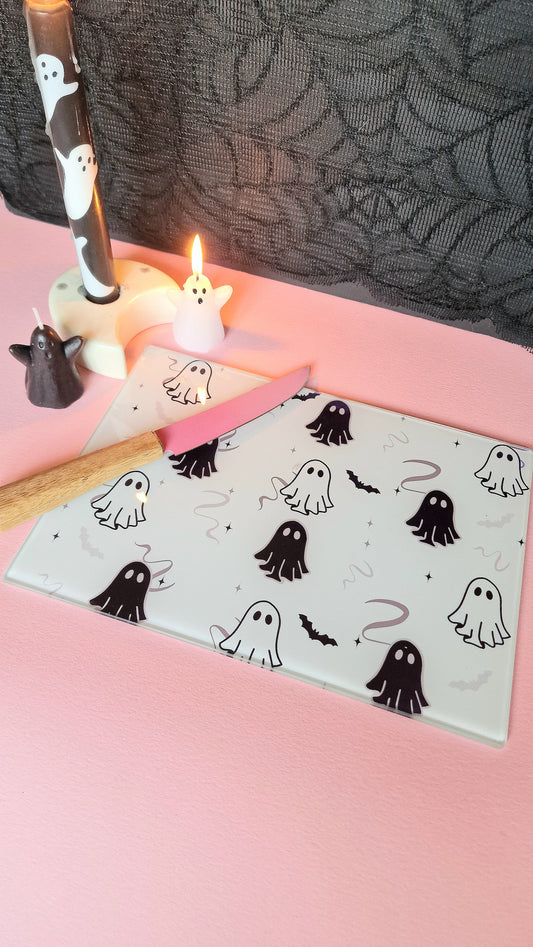 Monochrome Ghosties Glass Chopping Board