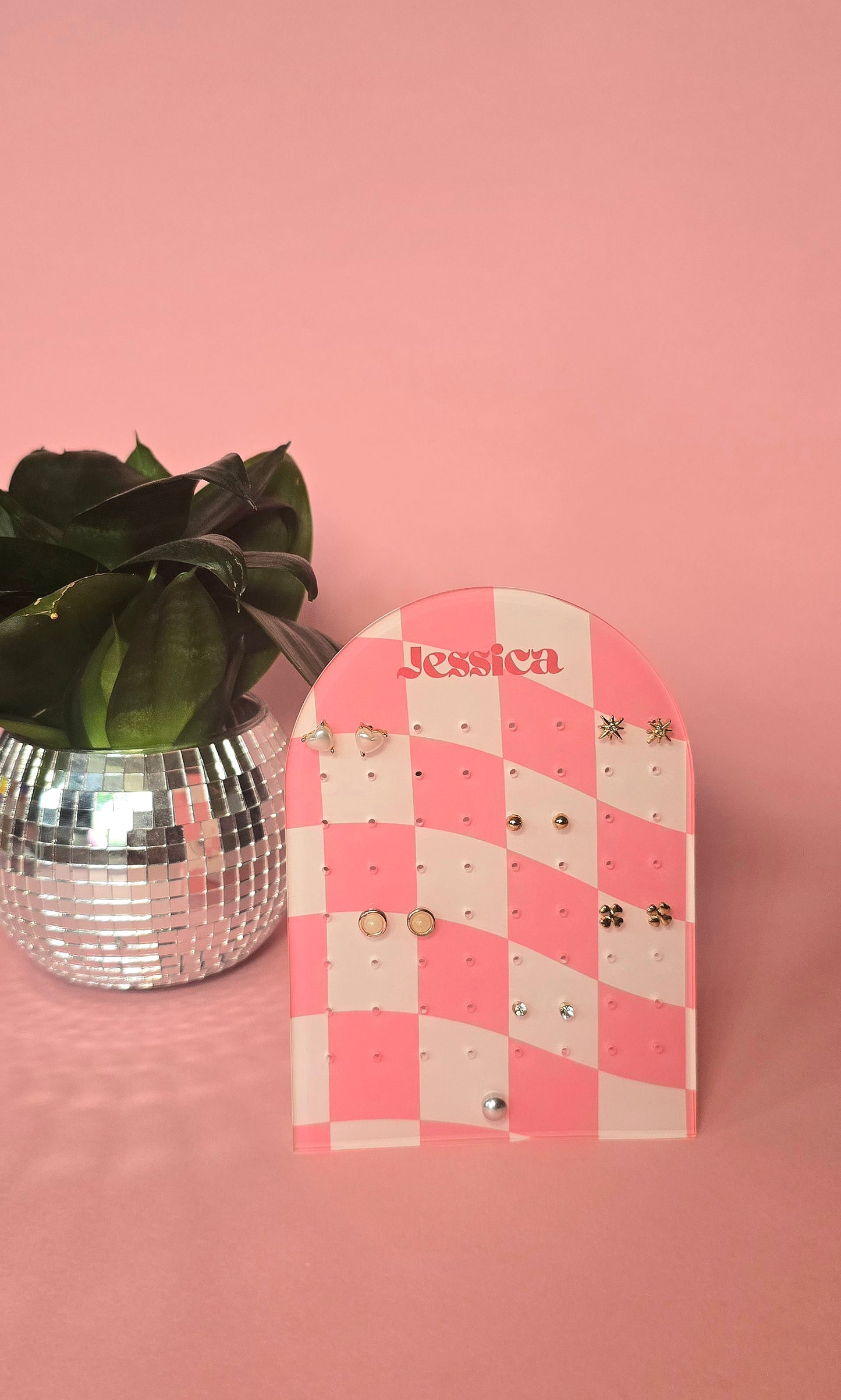 Earring Display Stand | Pink Check Personalised Stand | Holds 32 Pairs of Earrings | Stud Earring Jewelery Holder