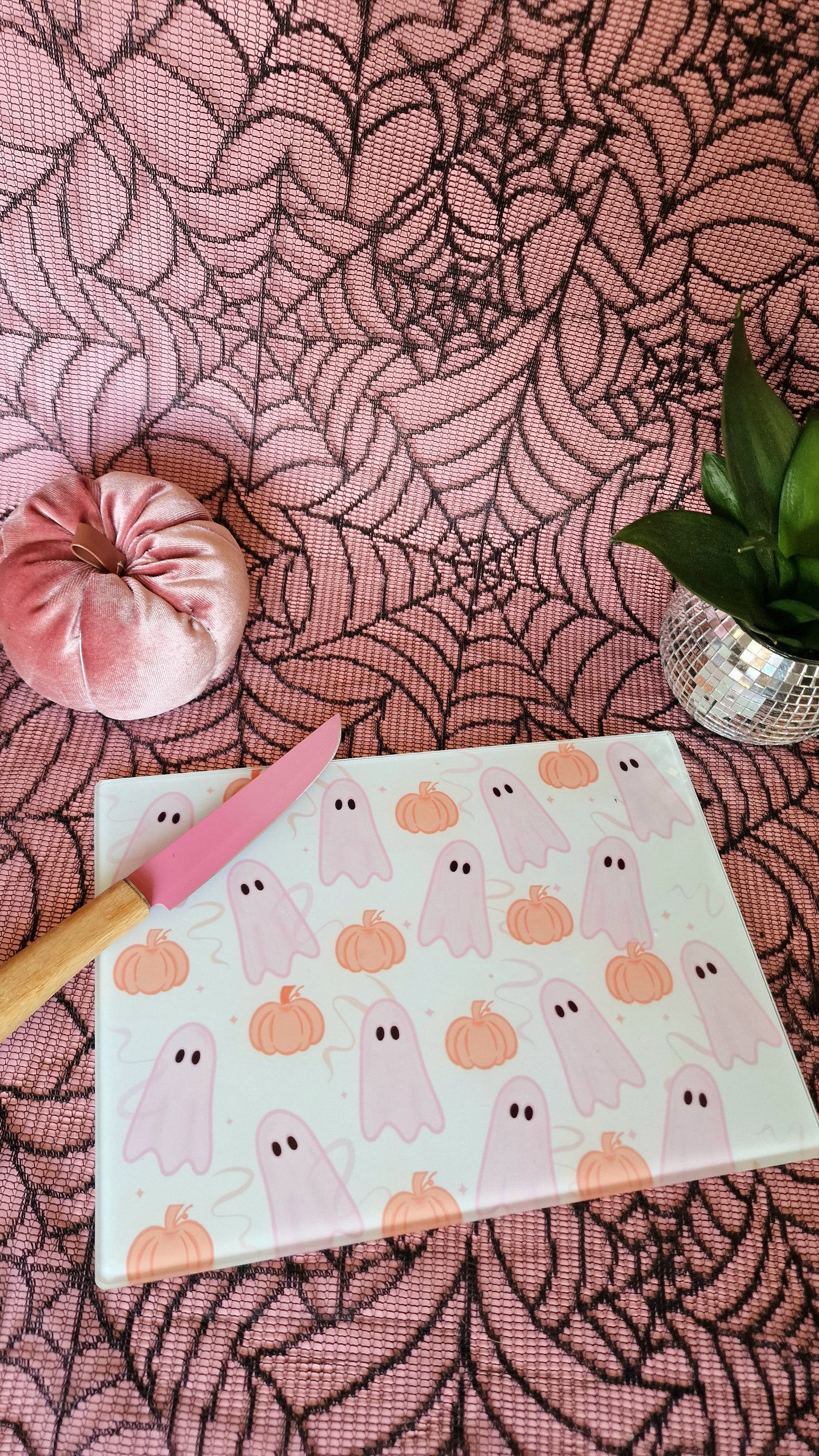 Pink Ghosties & Pumpkin Glass Chopping Board