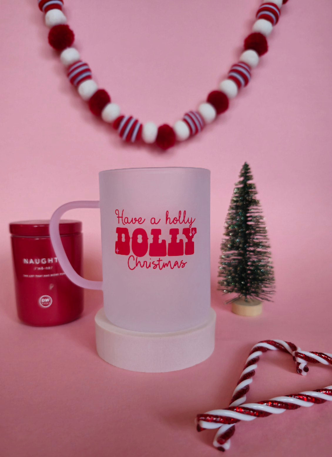 Holly Dolly Christmas Mug | Pink Handled Frosted Glass Mug