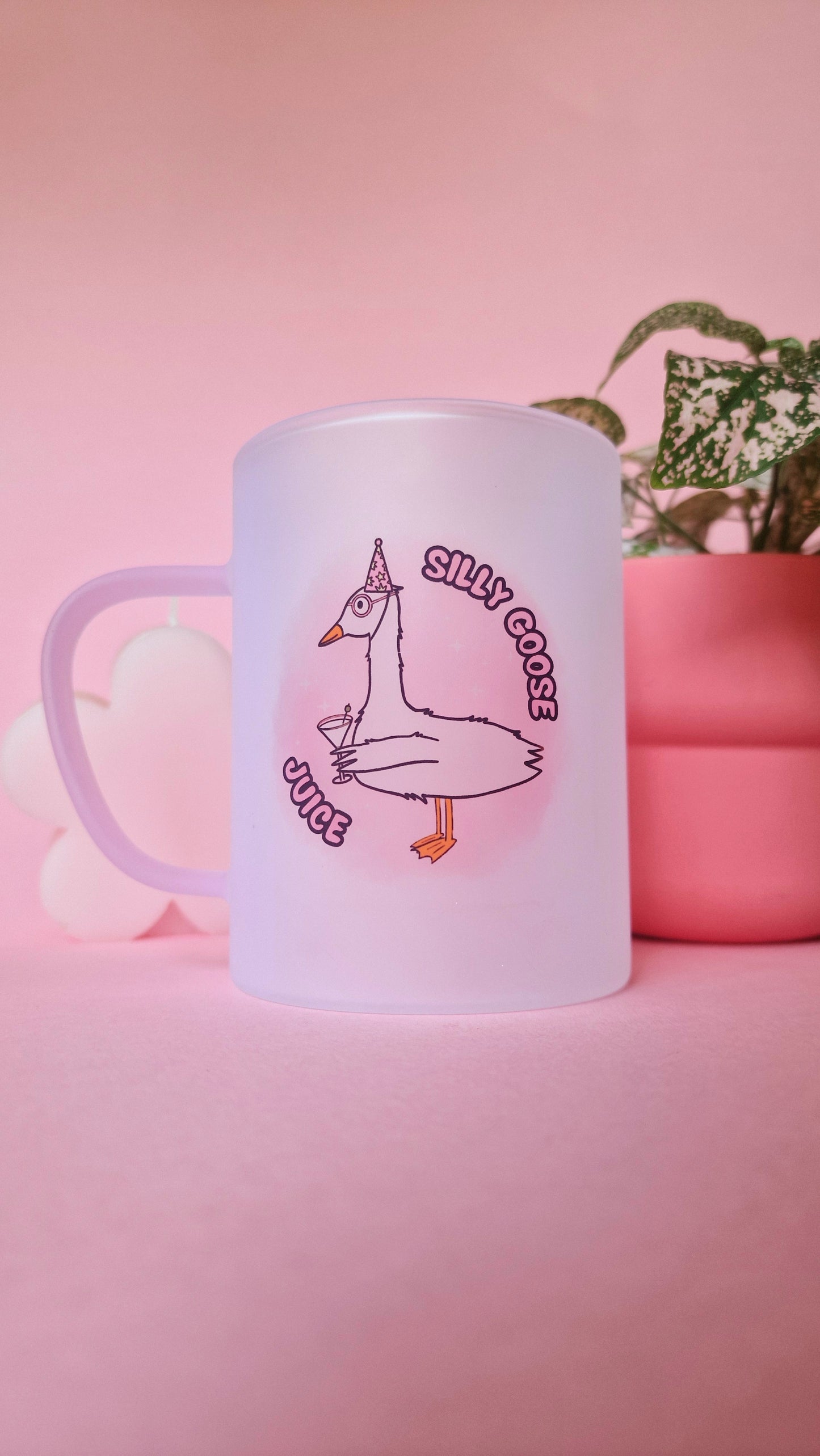 Silly Goose Juice | Pink Handled Frosted Glass Mug