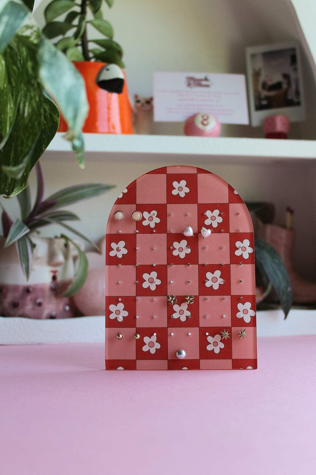 Earring Display Stand | Pink & Red Flowers | Holds 32 Pairs of Earrings | Stud Earring Jewelery Holder