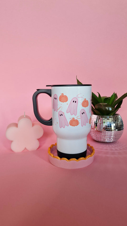 Cute Pink Ghost & Pumpkin Travel Mug