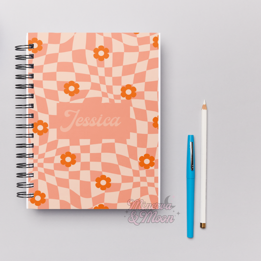 Orange Checkered Flowers | Cute Personalised Notebooks