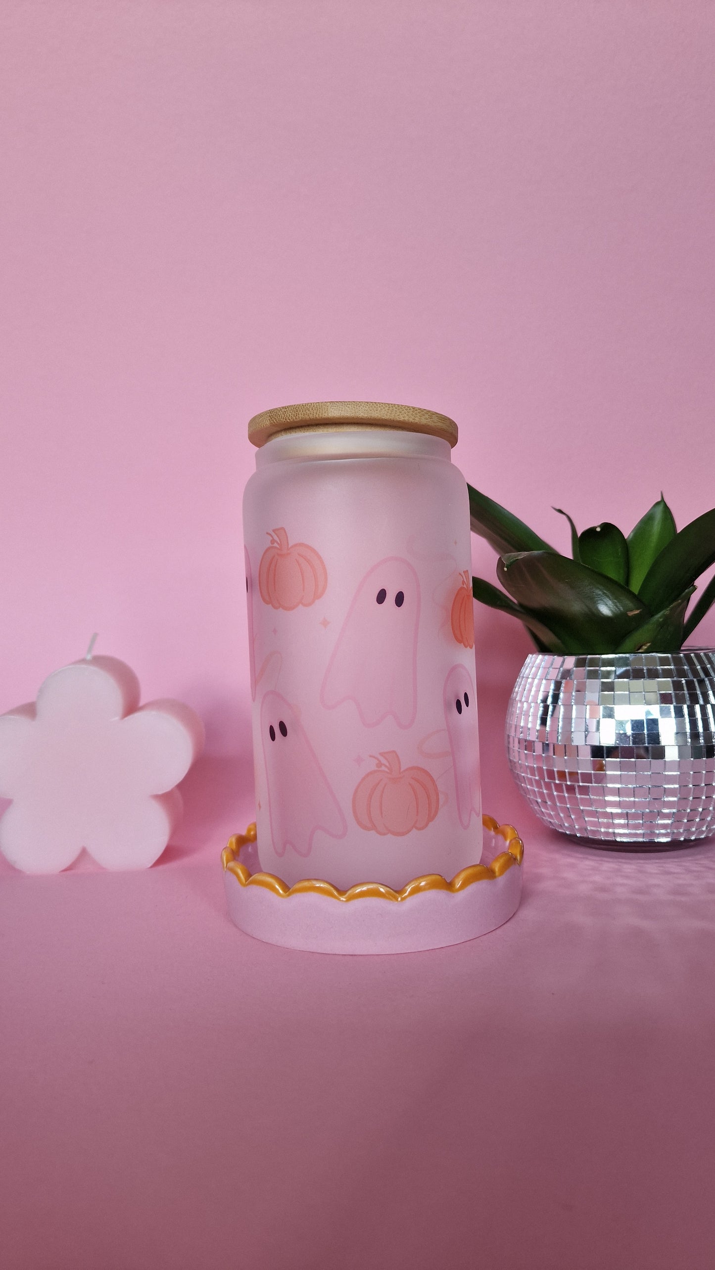 Ghost & Pumpkin Pink Halloween Glass Tumbler