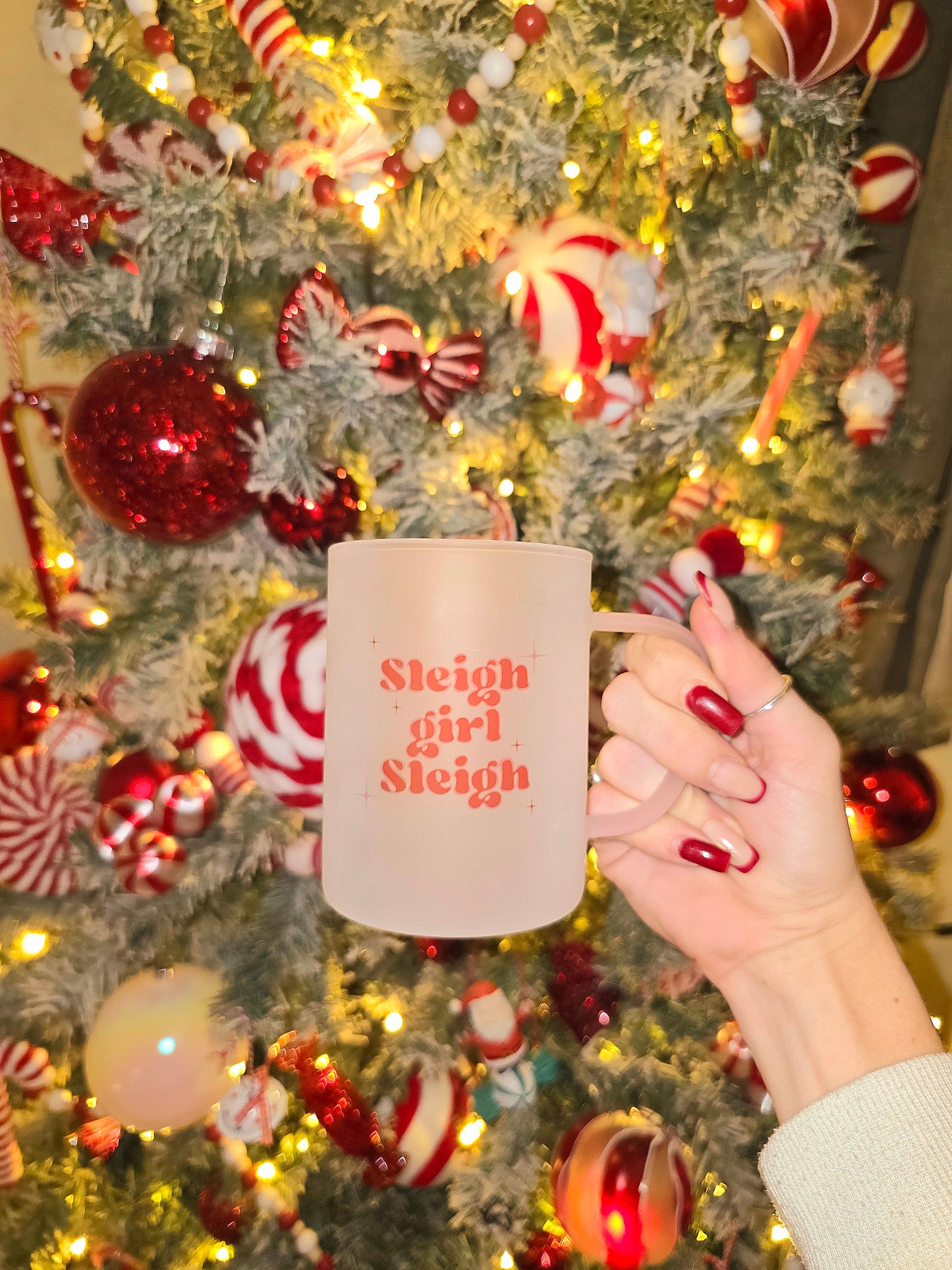 Sleigh Girl Sleigh Christmas Mug| Pink Handled Frosted Glass Mug