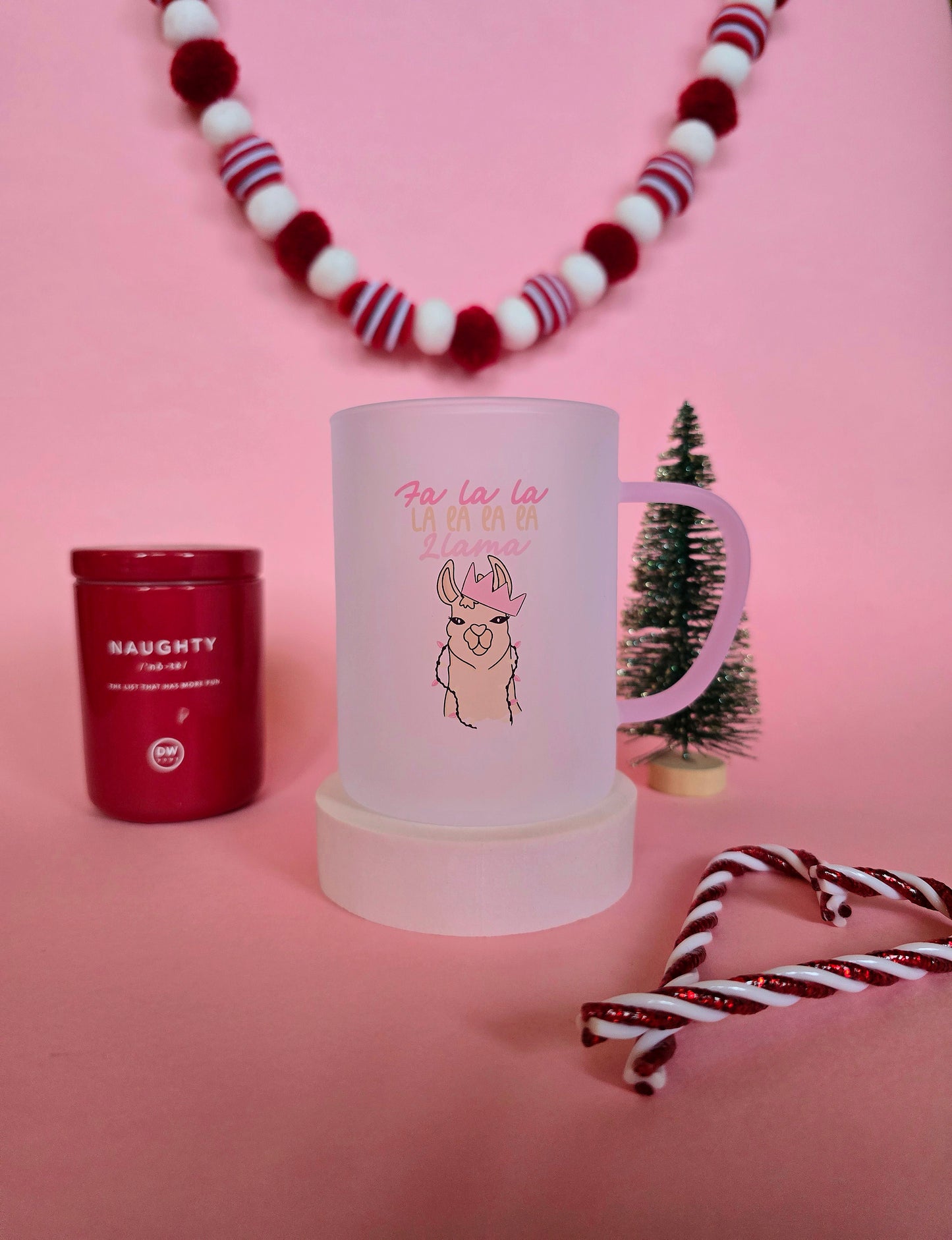 Fa La La Llama Christmas Mug | Pink Handled Frosted Glass Mug