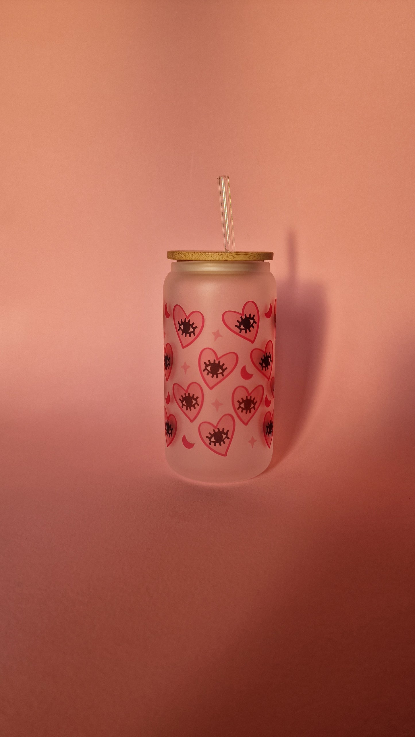 Pink Heart Evil Eye Love Protection | Glass Can Tumbler