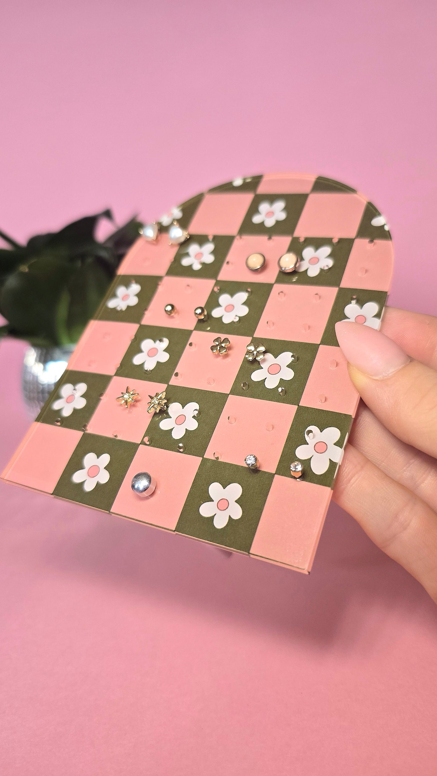 Earring Display Stand | Pink & Green Flowers | Holds 32 Pairs of Earrings | Stud Earring Jewelery Holder