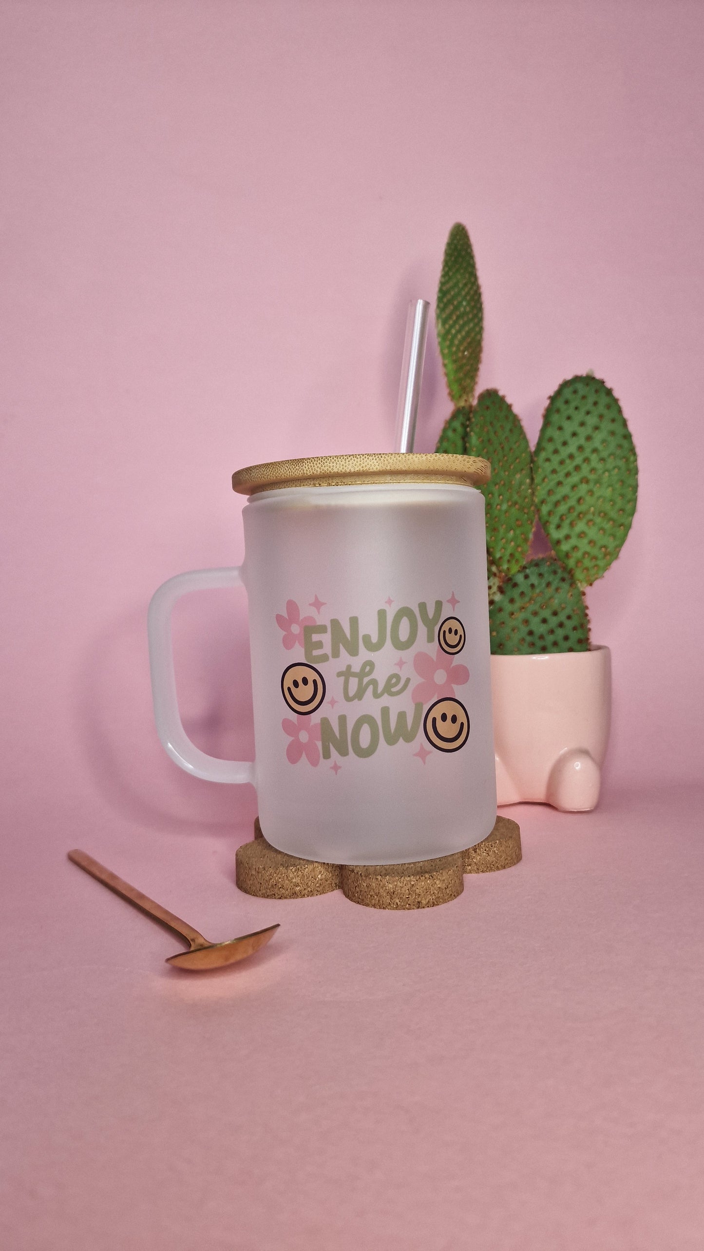 Enjoy the now | Large Lidded  17oz Frosted Glass Mugs