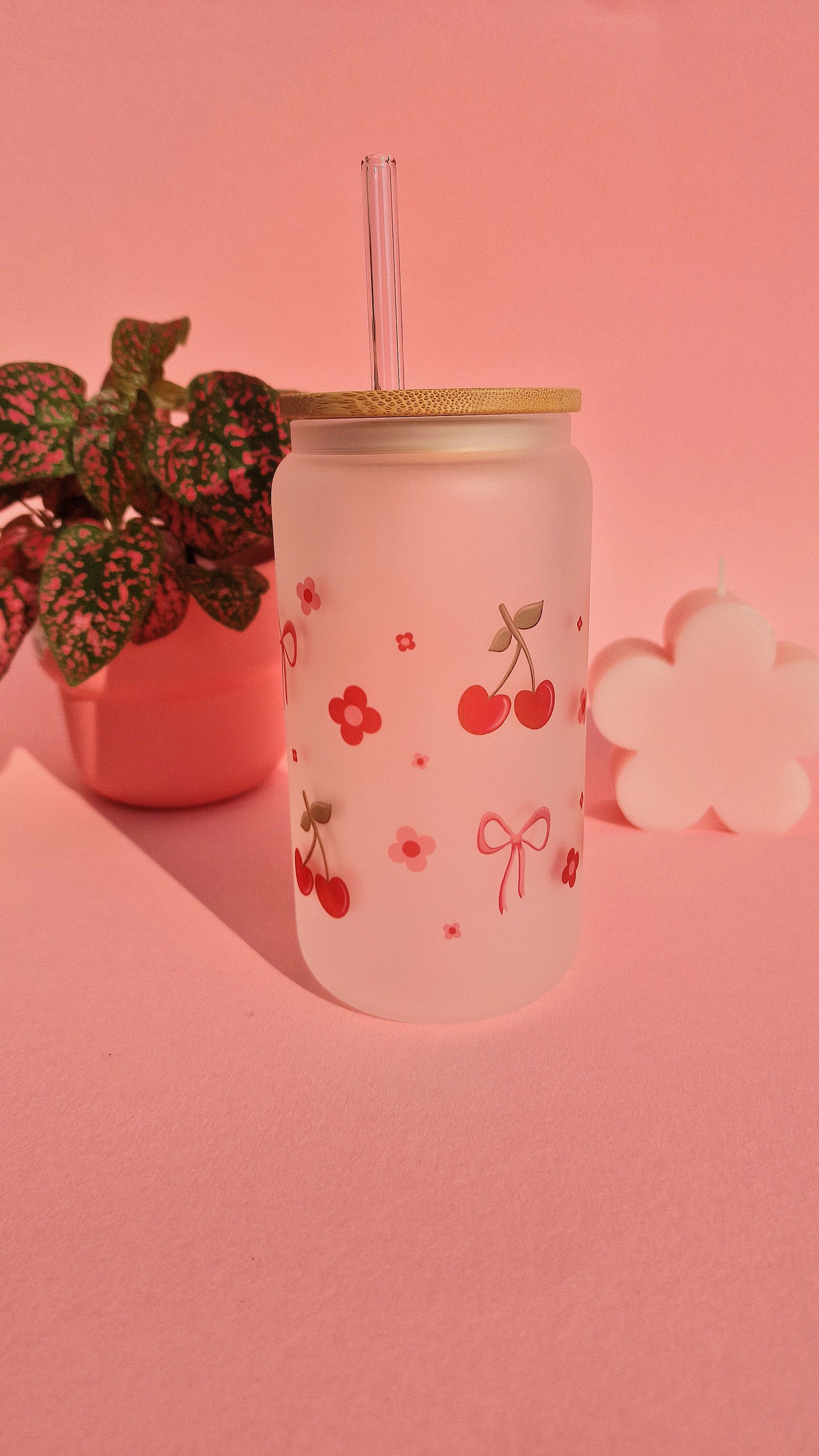 Cute Cherry Coquette Aesthetic Bows Glass Tumbler