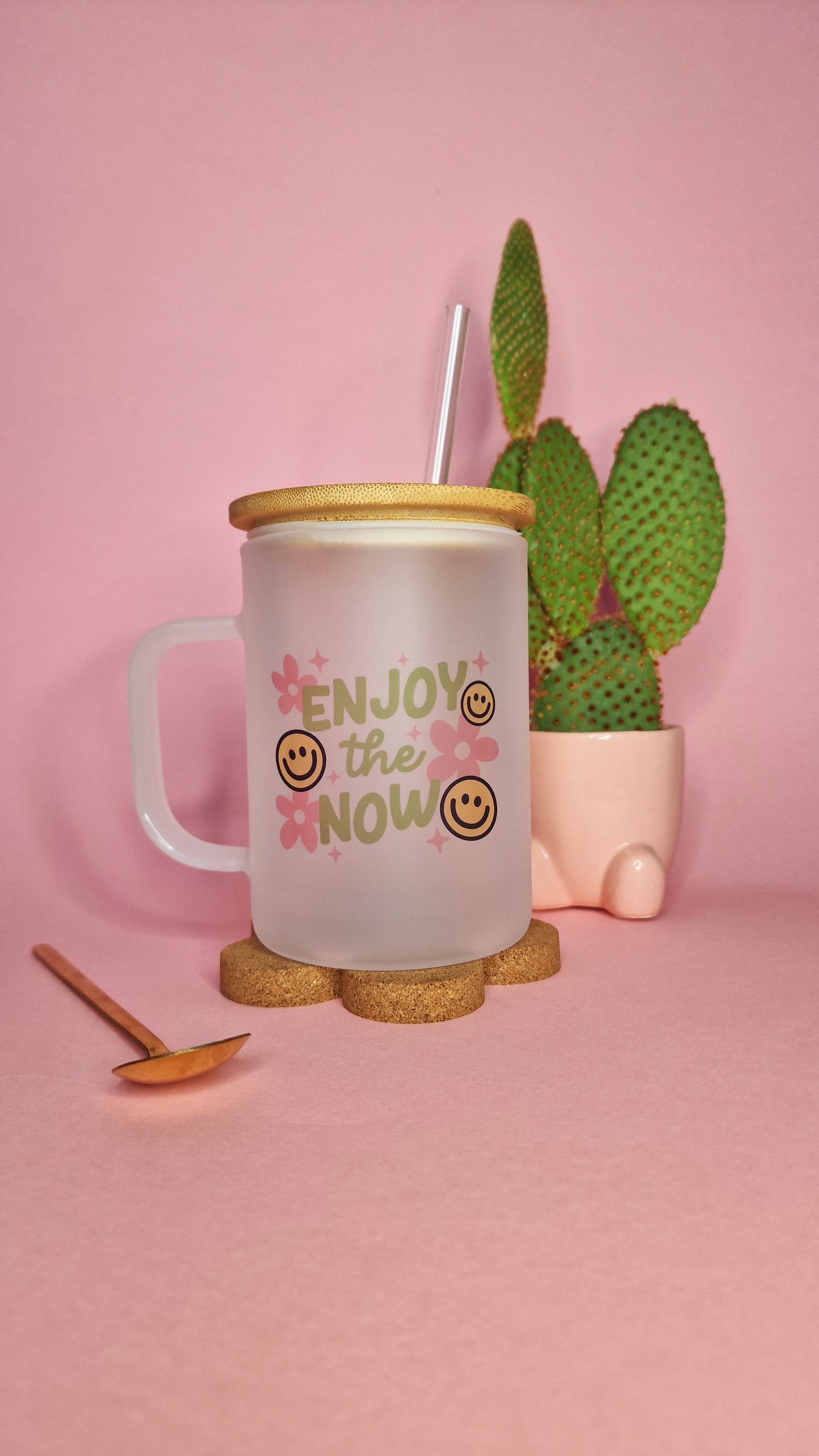 Enjoy the now | Large Lidded  17oz Frosted Glass Mugs