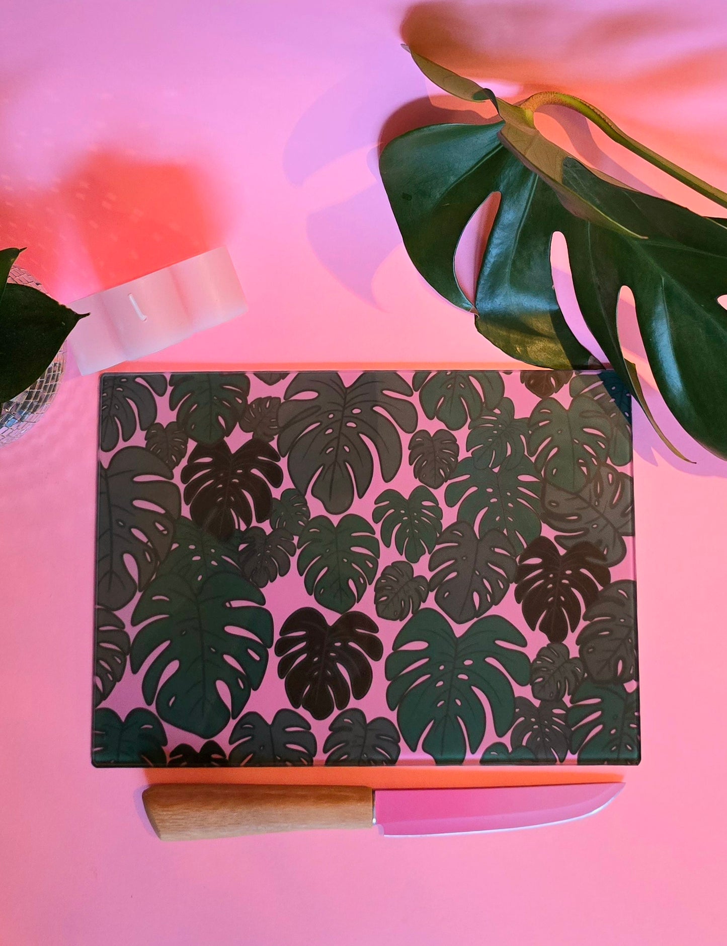 Monstera Plant Pink Glass Chopping Board