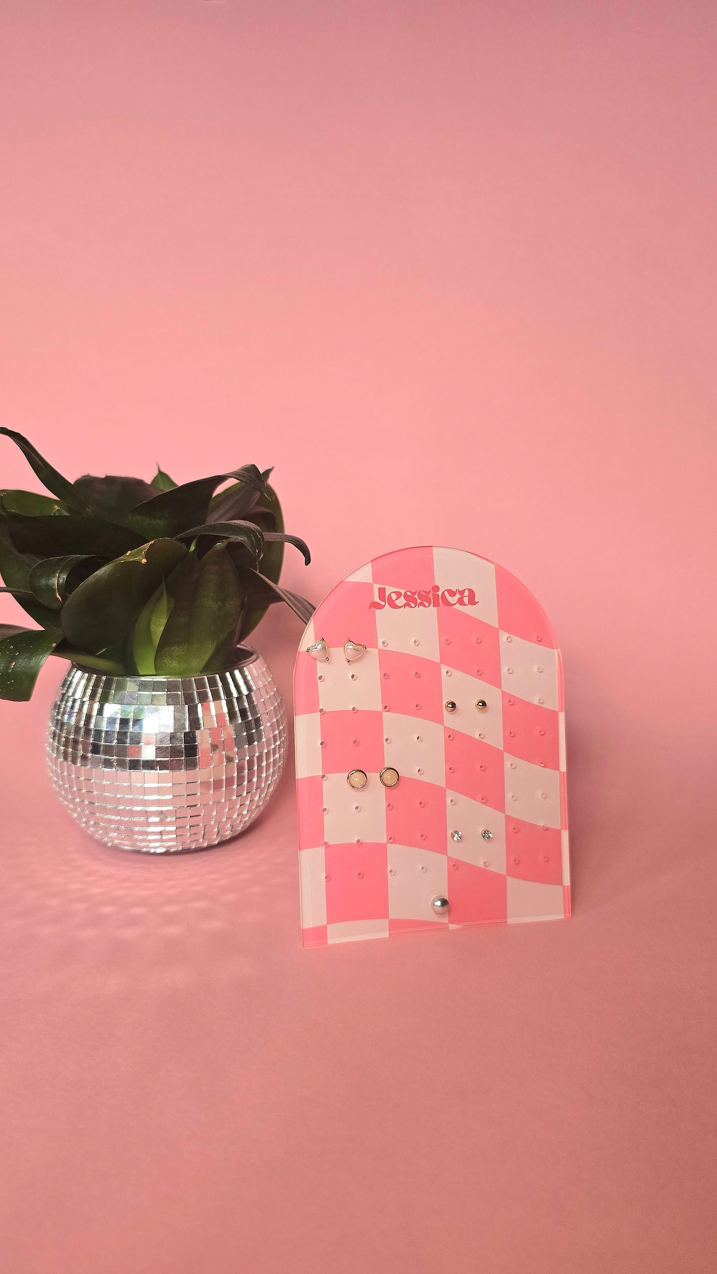 Earring Display Stand | Pink Check Personalised Stand | Holds 32 Pairs of Earrings | Stud Earring Jewelery Holder