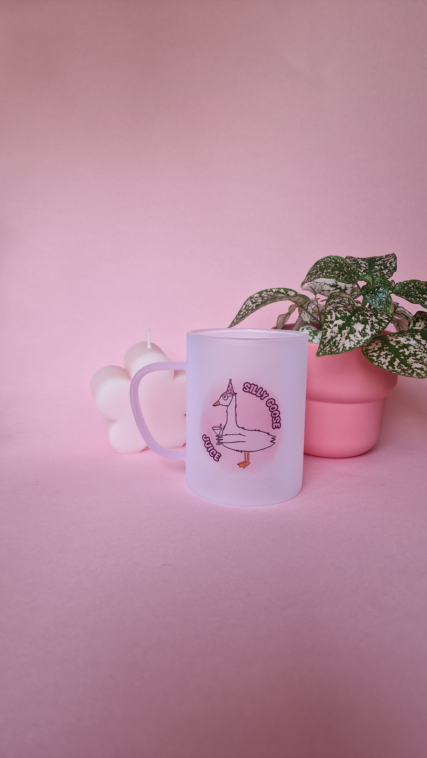 Silly Goose Juice | Pink Handled Frosted Glass Mug