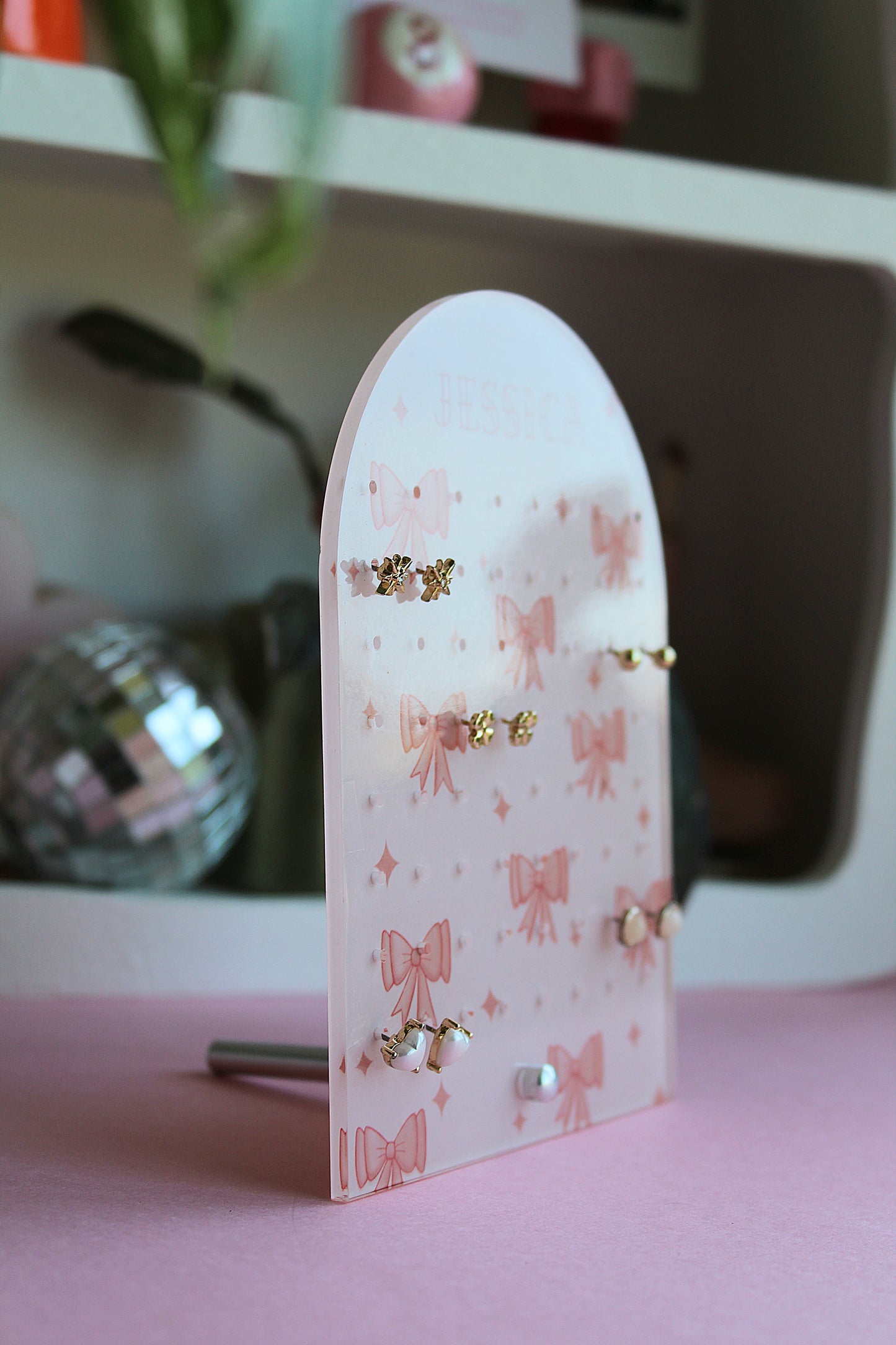 Personalised Earring Display Stand | Pink Bows | Holds 32 Pairs of Earrings | Stud Earring Jewelery Holder