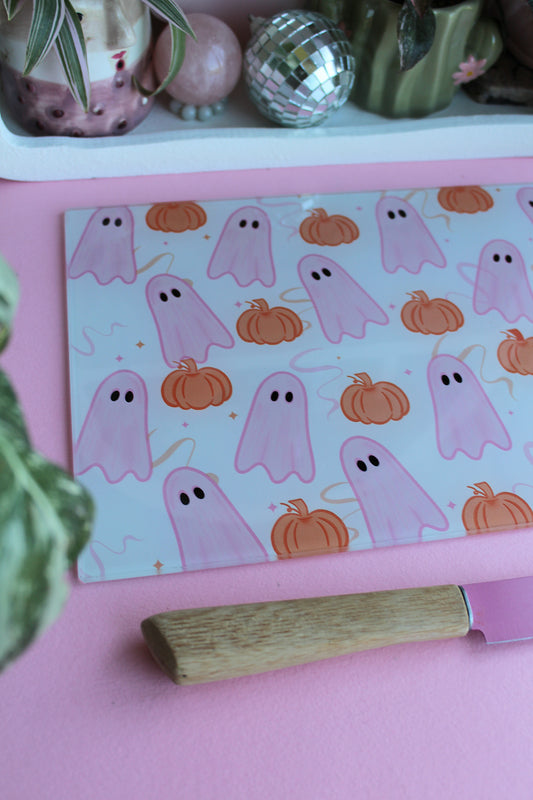 Pink Ghosties & Pumpkin Glass Chopping Board