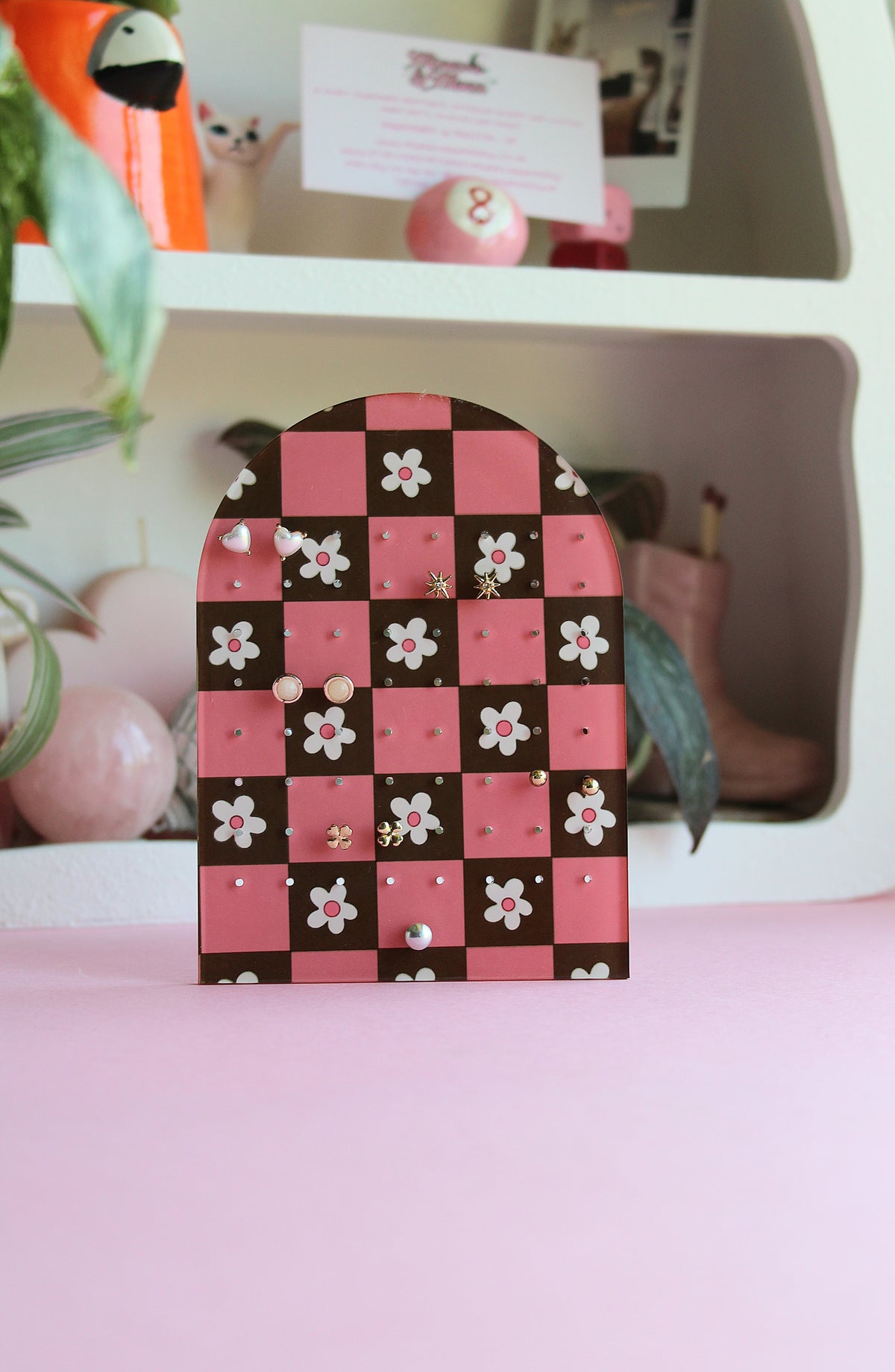 Earring Display Stand | Pink & Green Flowers | Holds 32 Pairs of Earrings | Stud Earring Jewelery Holder