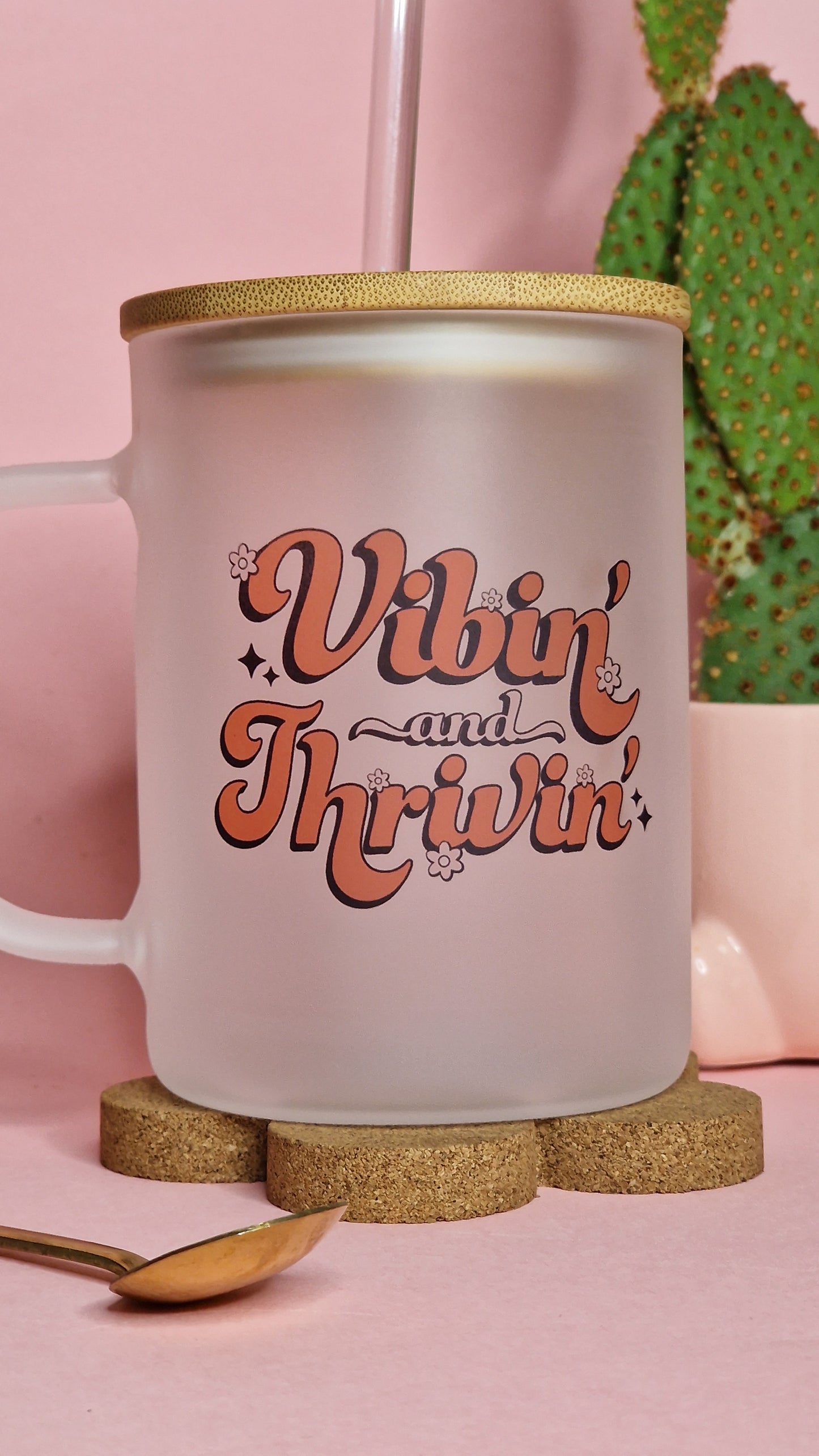 Vibing & Thriving | Large Lidded 17oz Frosted Glass Mug