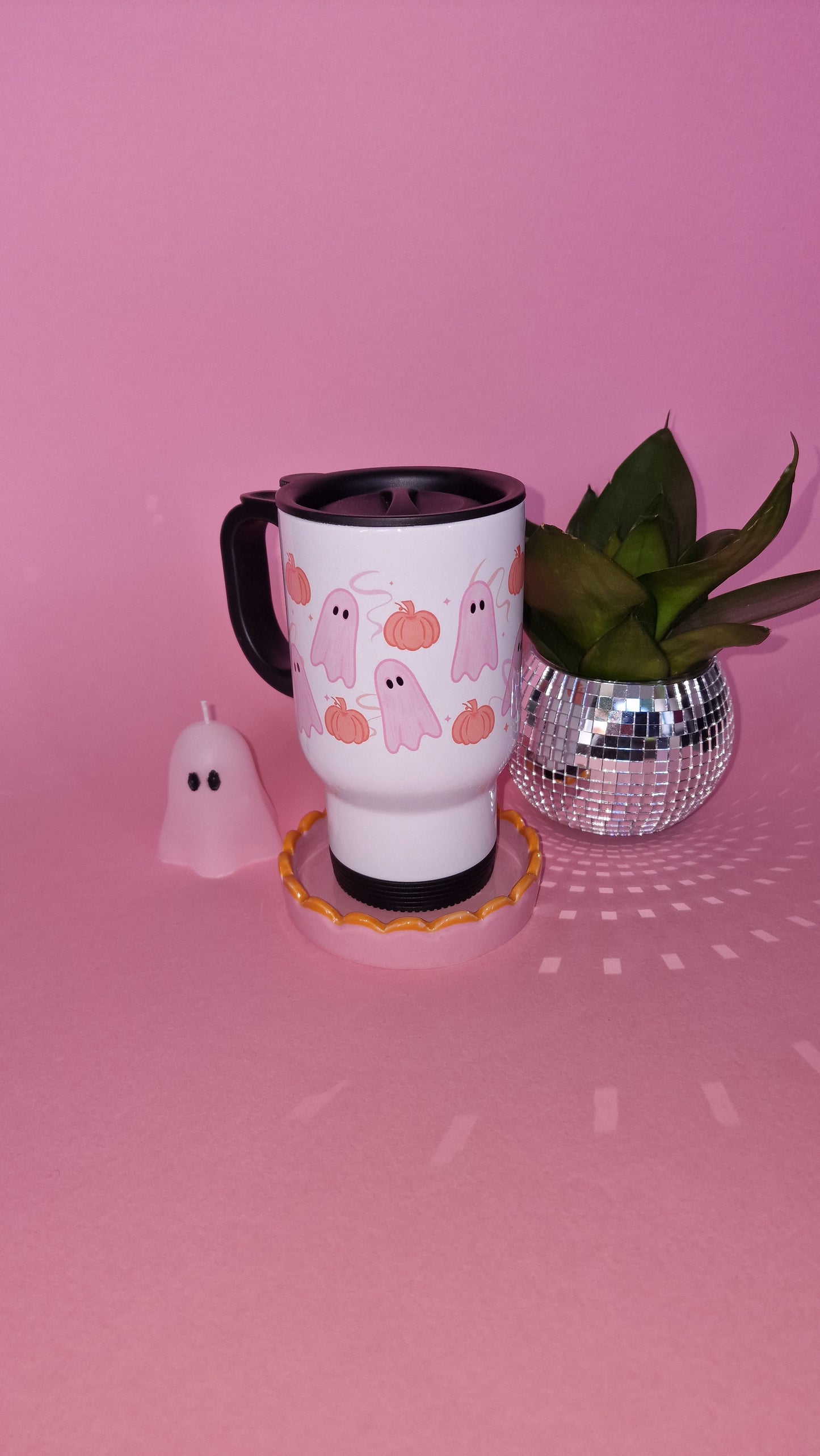 Pink Ghosties & Pumpkins Travel Mug