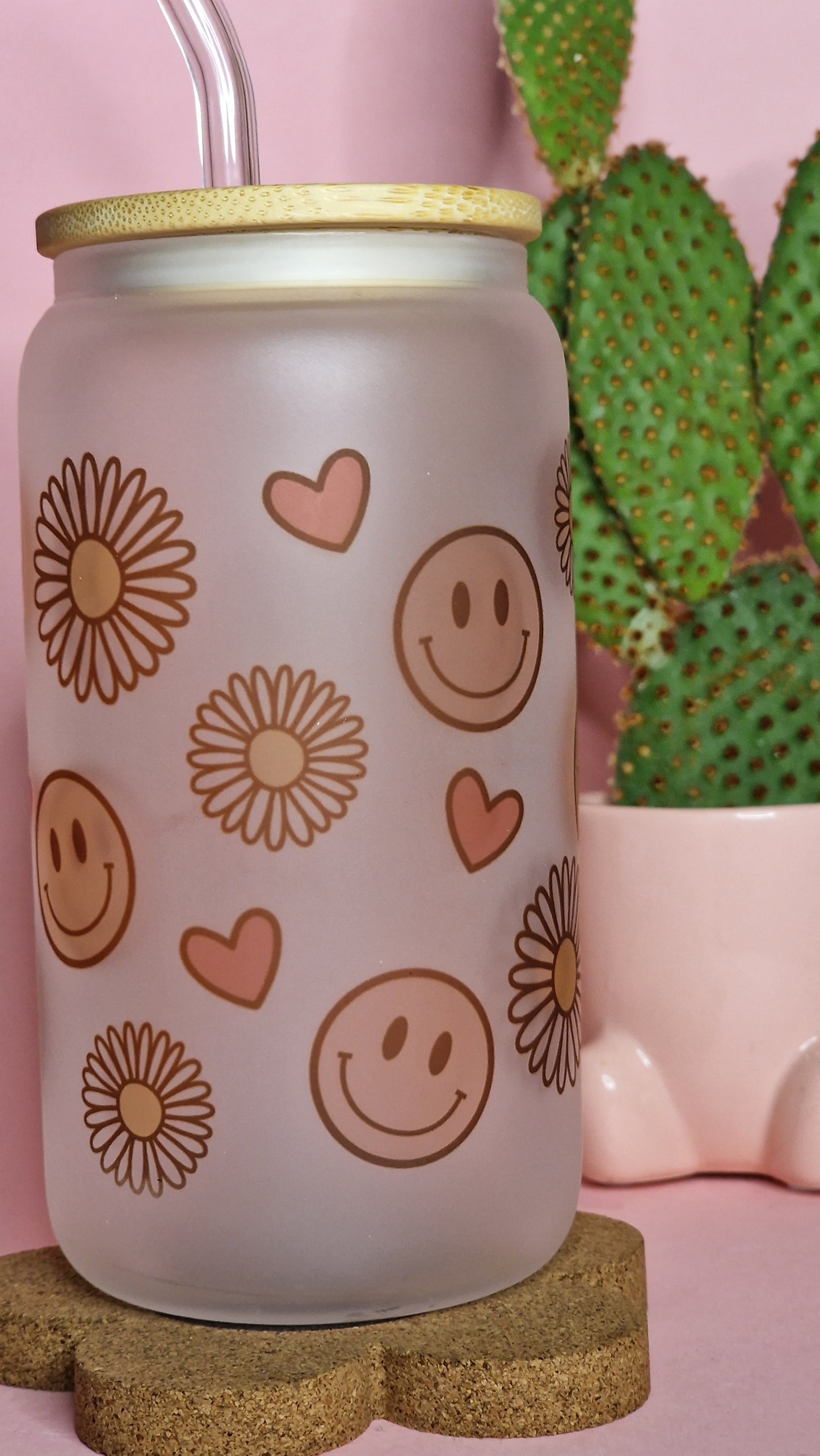 Smileys & Flowers  | 16oz glass can tumbler