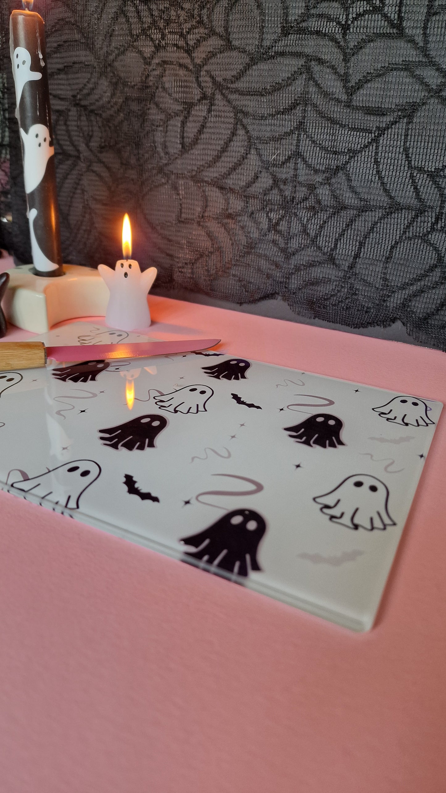 Monochrome Ghosties Glass Chopping Board